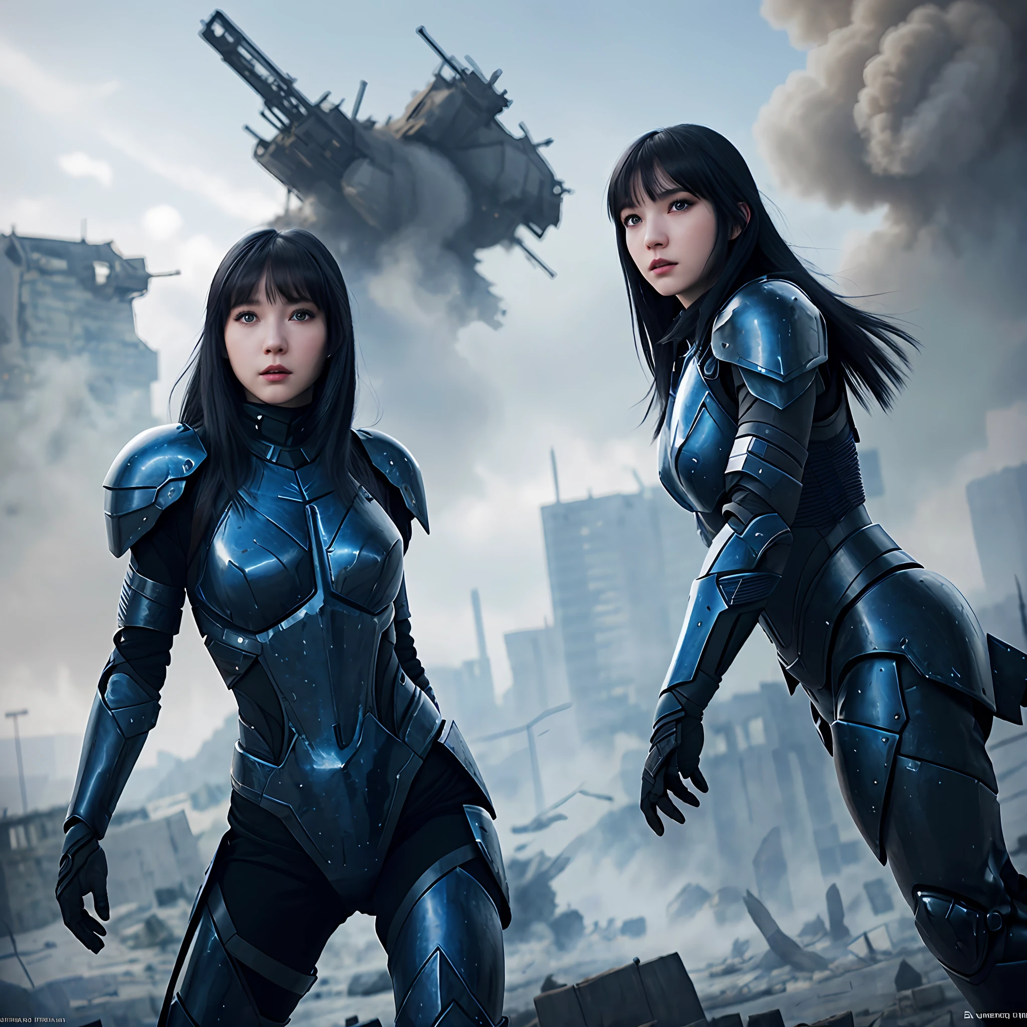 A beautiful woman with black hair and bangs, blue eyes, combat armor, destroyed city in the background, 8k, high detail, ultra realistic