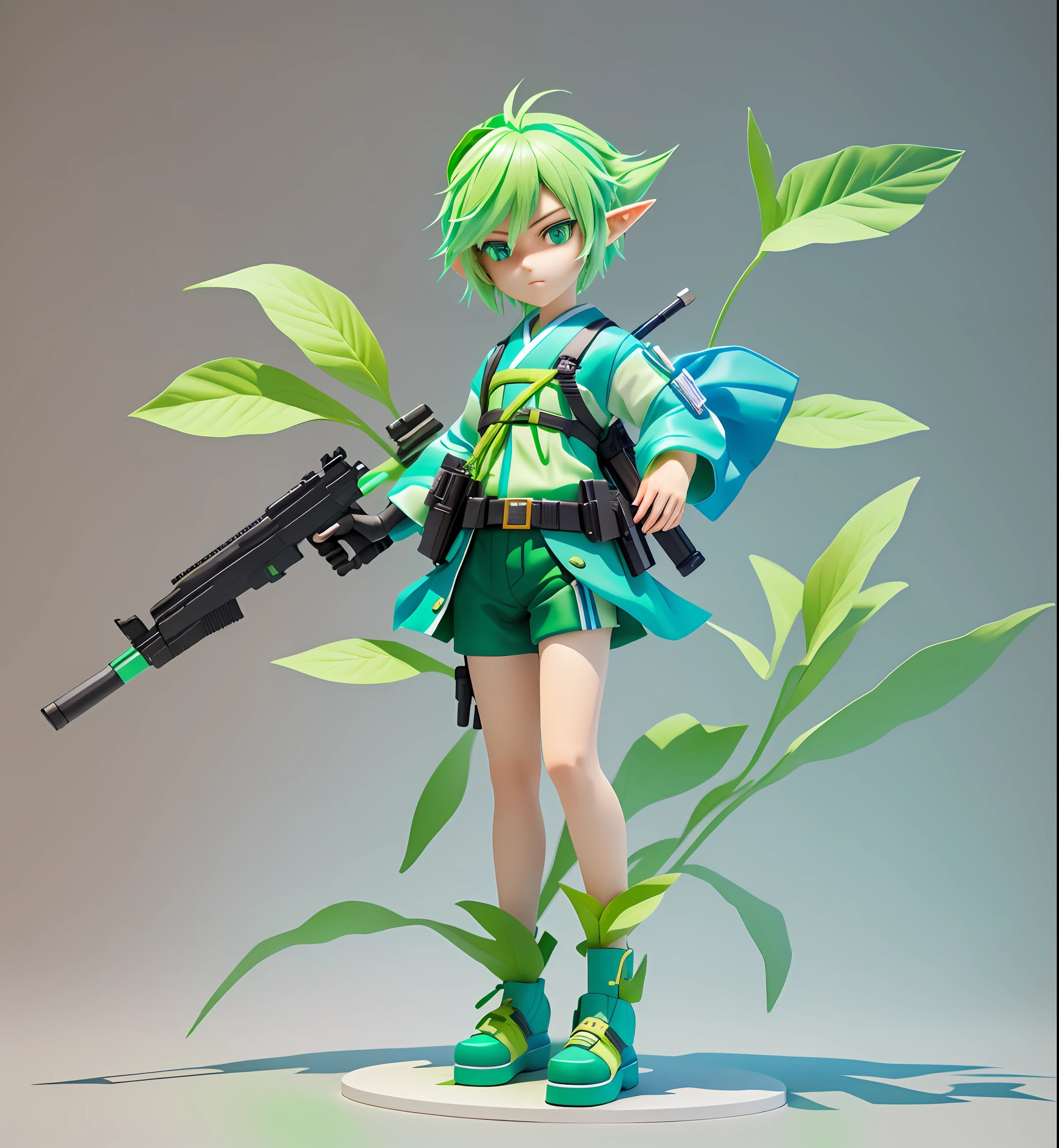 There is a shota gunman holding a blue-green color mint gun, green hair, cute 3D rendering, a cute 3D anime boy rendering, 3D rendering stylized, cute! C4d, cute characters, stylized anime, anime style 3D, 3D models of Japanese mascots, costumes woven with translucent leaves, elf boys, soft 3D rendering, stylized 3D
