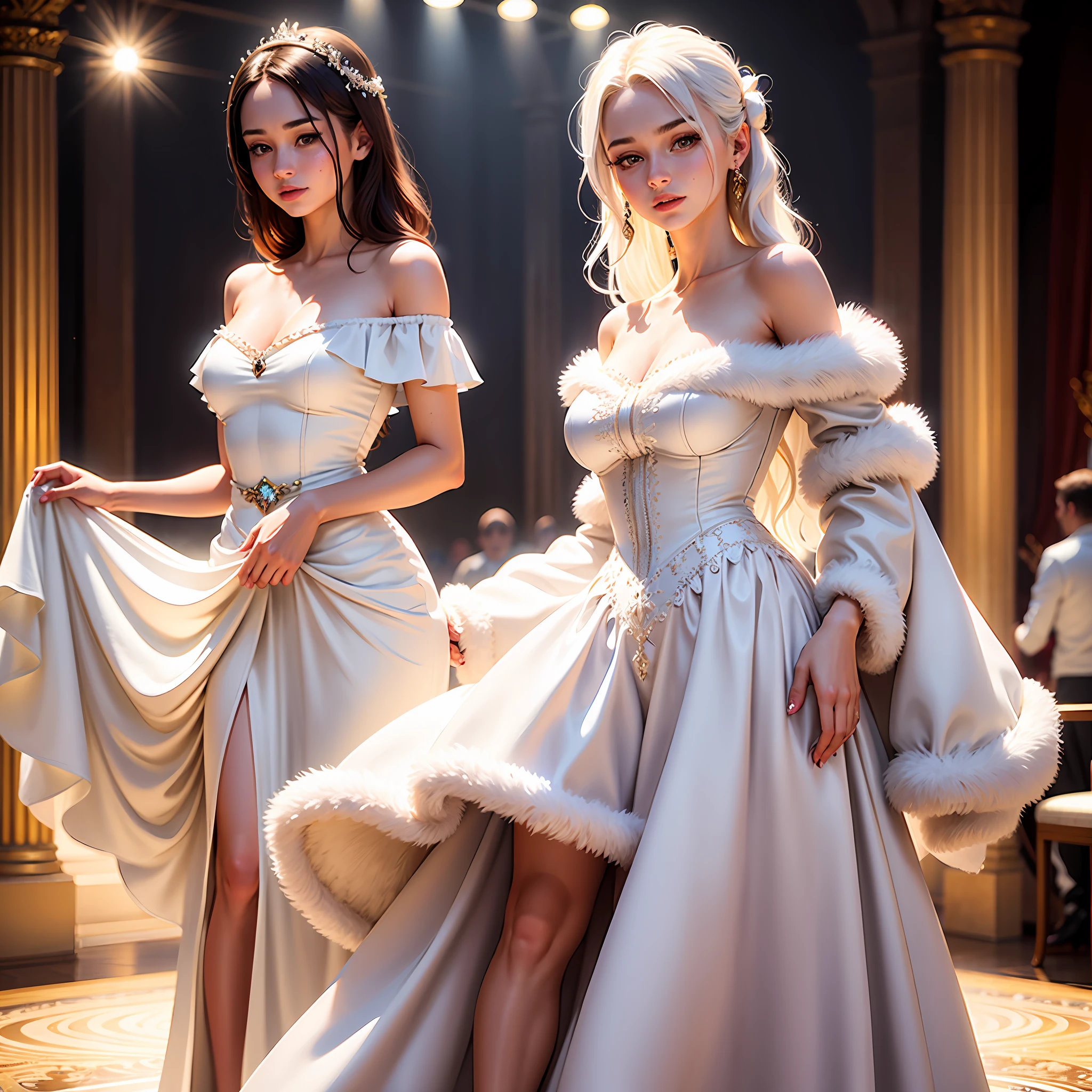 (Realistic:1.2) , 18yo girl in European ballrooms, (off-shoulder white fur dress), (luxury long dress)