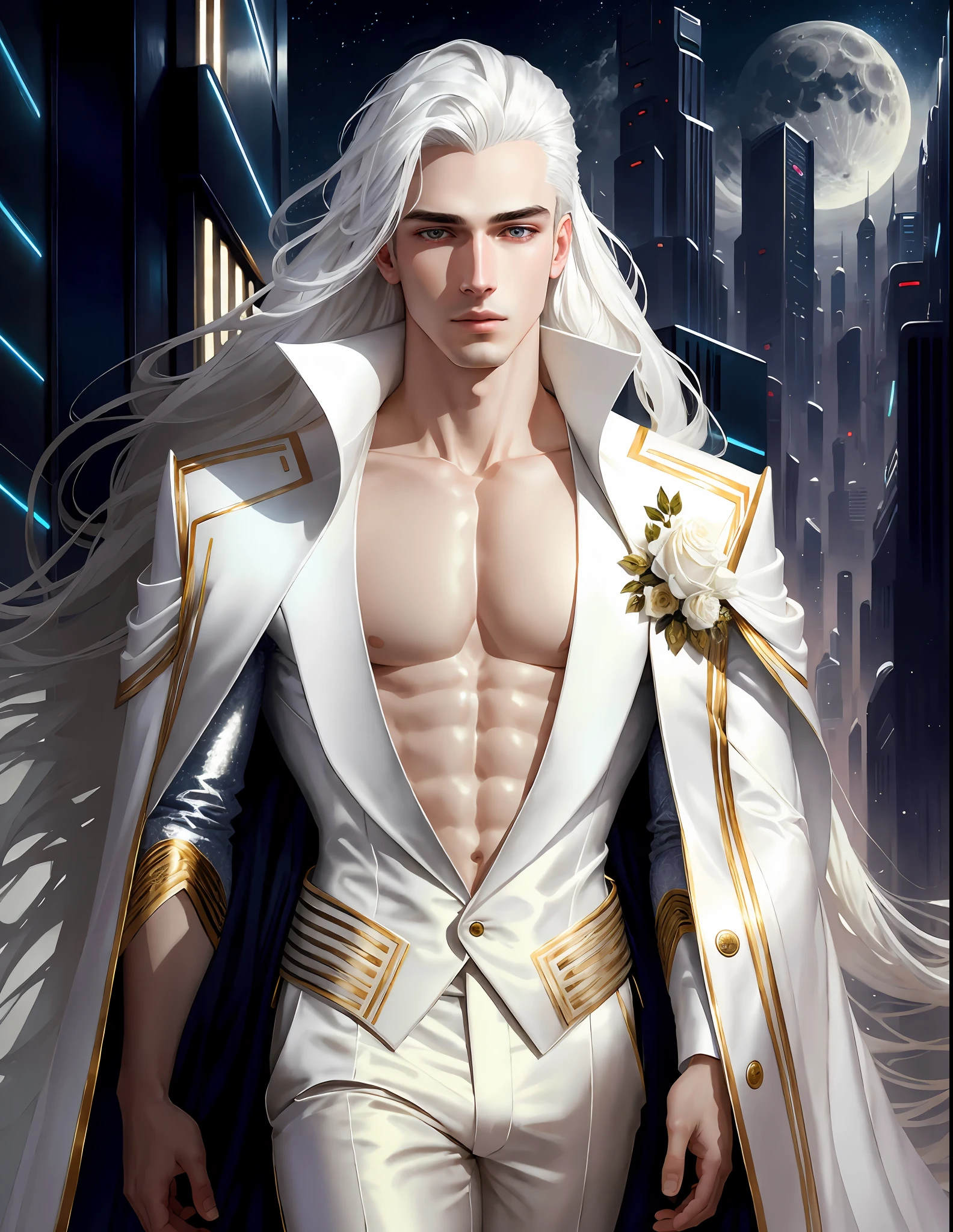 masterpiece, highest quality, (solo focus), (perfect face:1.1), (high detail:1.1),dramatic, 1guy, (pale skin), long white hair, white eyes, [light eyebrows], solo, long hair, moon, night, white luxury suit, covered navel, pouty lips, covered, futuristic city, detailed background, art by artgerm and greg rutkowski,  cinematic lighting, roses, fashion