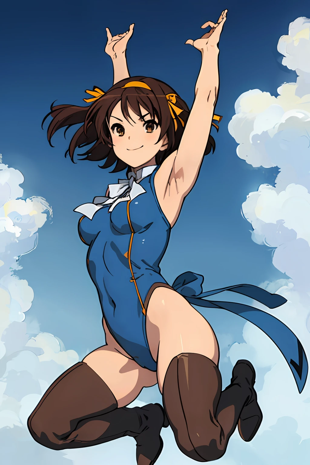 masterpiece, best quality, highres, 1girl, solo, superhero, leotard, blue and white leotard, bare legs, brown hair, short hair, brown eyes, hairband, medium hair, ribbon, boots, matching boots, blue boots, medium breasts, cowboy shot, smile, sky backdrop, haruhi suzumiya, kyoani haruhi style, sleeveless, flying, floating, looking at viewer, perfect arms, perfect legs, perfect hands, perfect feet, perfect fingers, perfect boots, perfect hair, perfect body