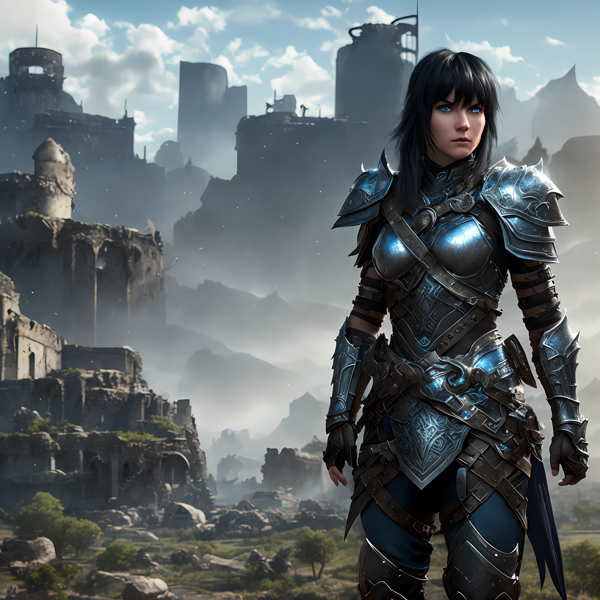 "A gorgeous warrior with black hair and bangs, piercing blue eyes, wearing imposing combat armor, spotting a ruined city in the distance, captured in ultra-realism with high definition in 8k."