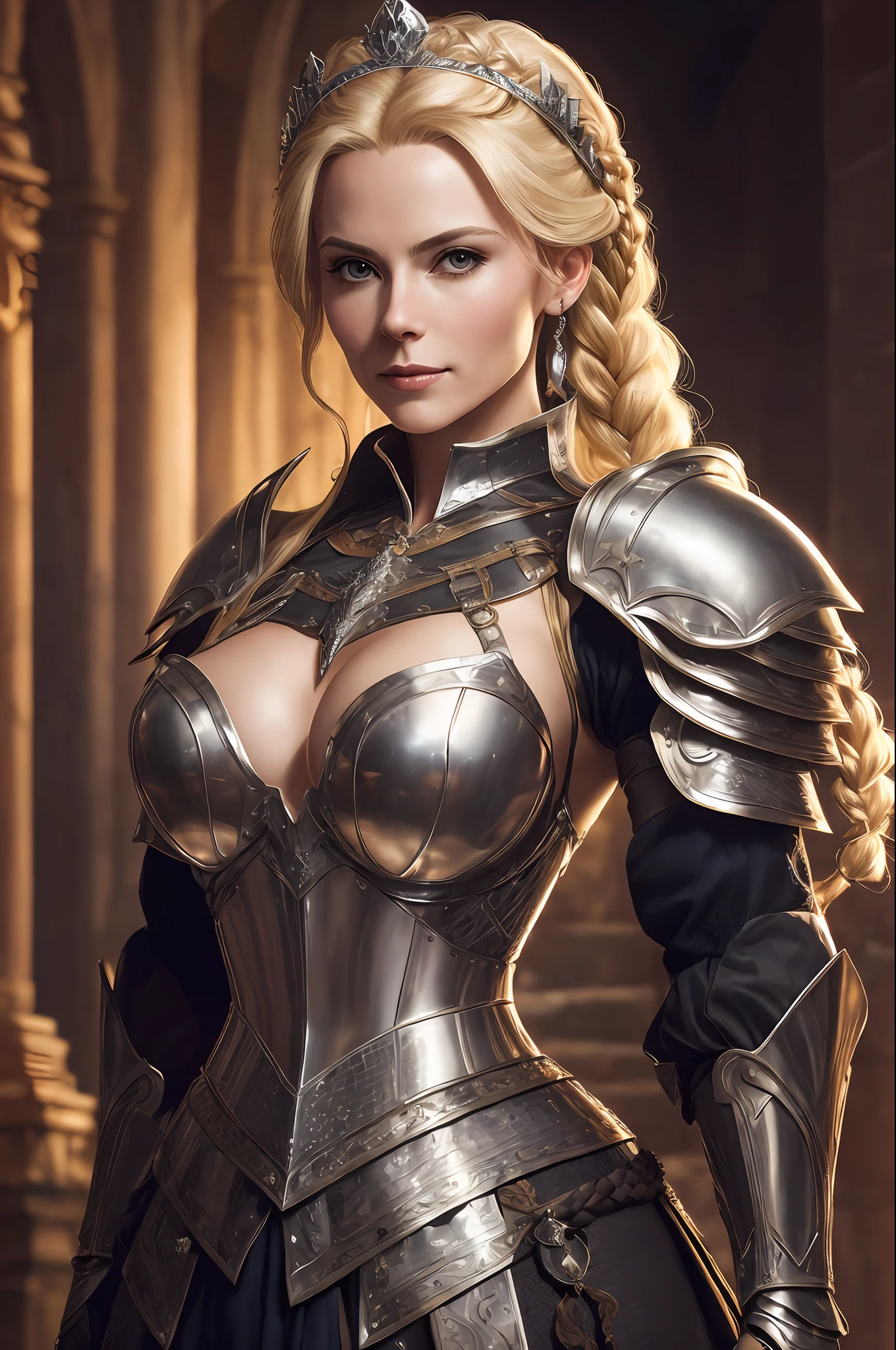 (extremely detailed 8k wallpaper), a portrait of a Blonde noble lady, the lord of the castle's wife, with a crown on her head, wearing a silver armor, dramatic lighting and shadows, 8k resolution, intricate, high detail, dramatic, deep cleavage exposed 1/2 boob, knight, solo female, hands resting on sword, full body, stern look, large braid, gauntlets, gloves, shoulder armor, black gloves, serious face, huge tits, massive cleavage, round breasts