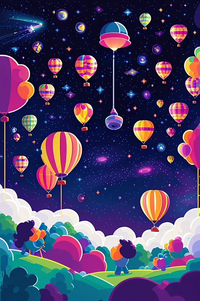 (Masterpiece: 1.2, HDR, 8k resolution, billion pixels), vector art by Kurzgesagt (four artists), sharply focused, white balloon flying high in the sky, carrying a telescope, with a starry sky in the background