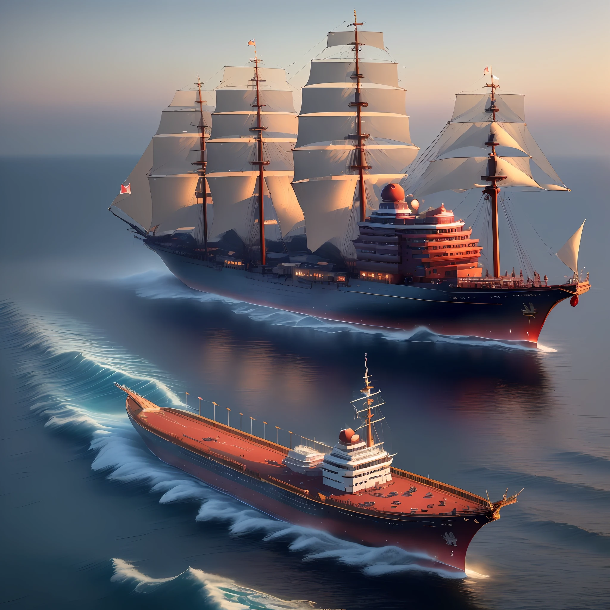 (((8k, RAW photos, best quality, masterpiece: 1.4))), ultra-high resolution, ultra-detailed, large scene, three Chinese solid wood building ships, (realism: 1.4), red flag, luxury, eagle, starry sky, imagination, outdoors, blue sky