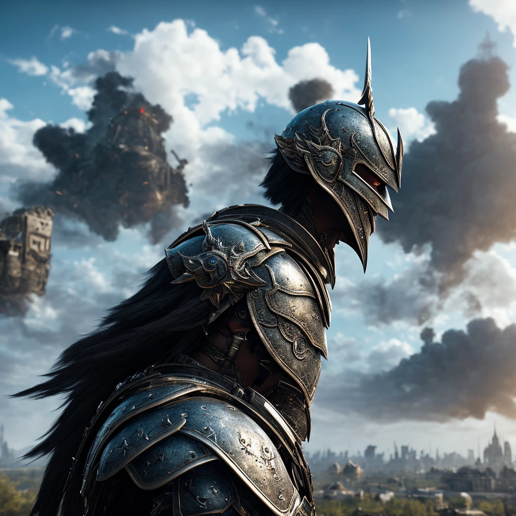 "A gorgeous warrior with black hair, with black wings, blue eyes, wearing imposing combat armor, spotting a ruined city in the distance, captured in ultra-realism with high definition in 8k."