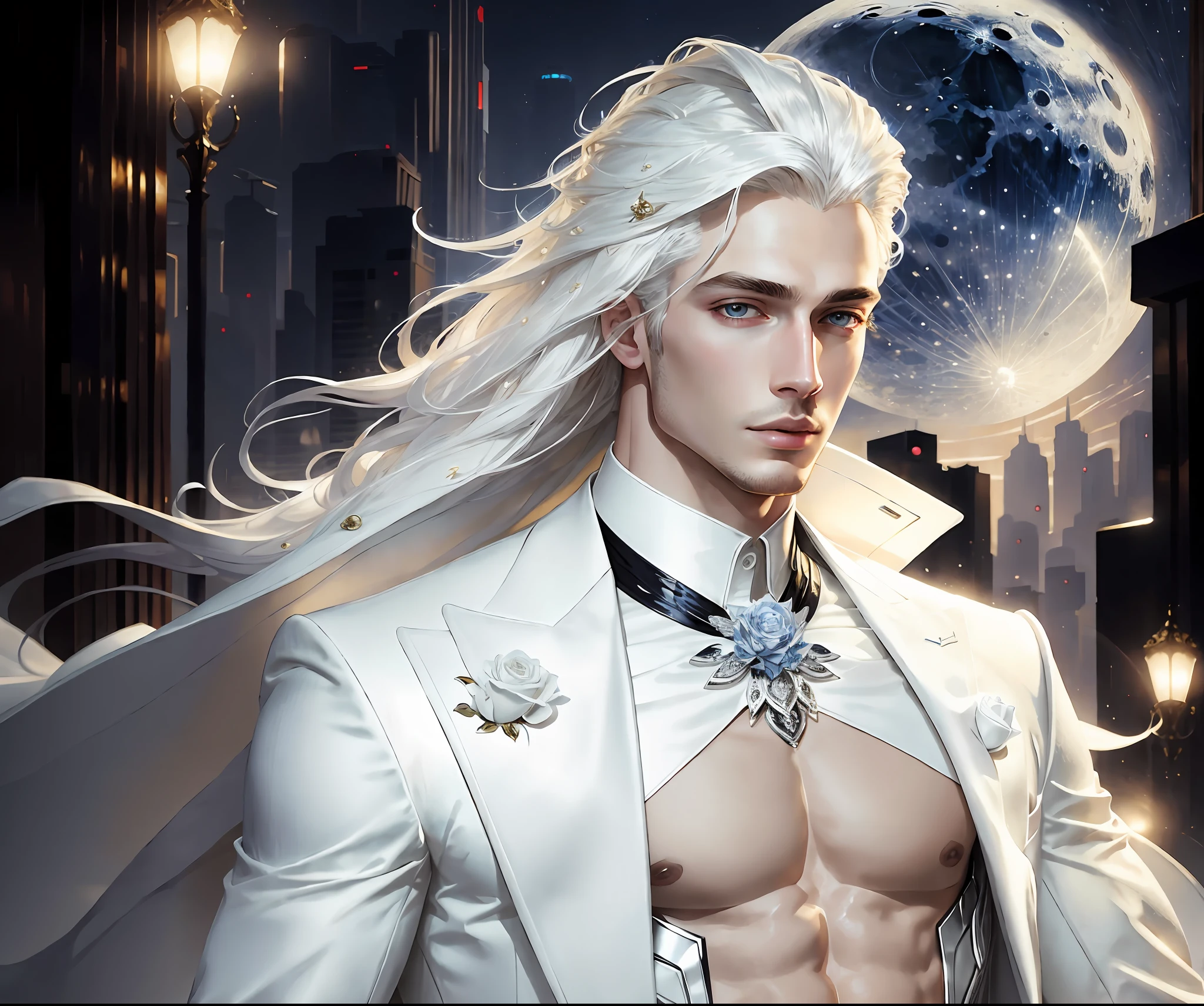 masterpiece, highest quality, (solo focus), (perfect face:1.1), (high detail:1.1),dramatic, 1guy, (pale skin), long white hair, white eyes, [light eyebrows], solo, long hair, moon, night, white luxury suit, covered navel, pouty lips, covered, futuristic city, detailed background, art by artgerm and greg rutkowski,  cinematic lighting, roses, fashion, BalenciagaStyle, Alexander McQueen