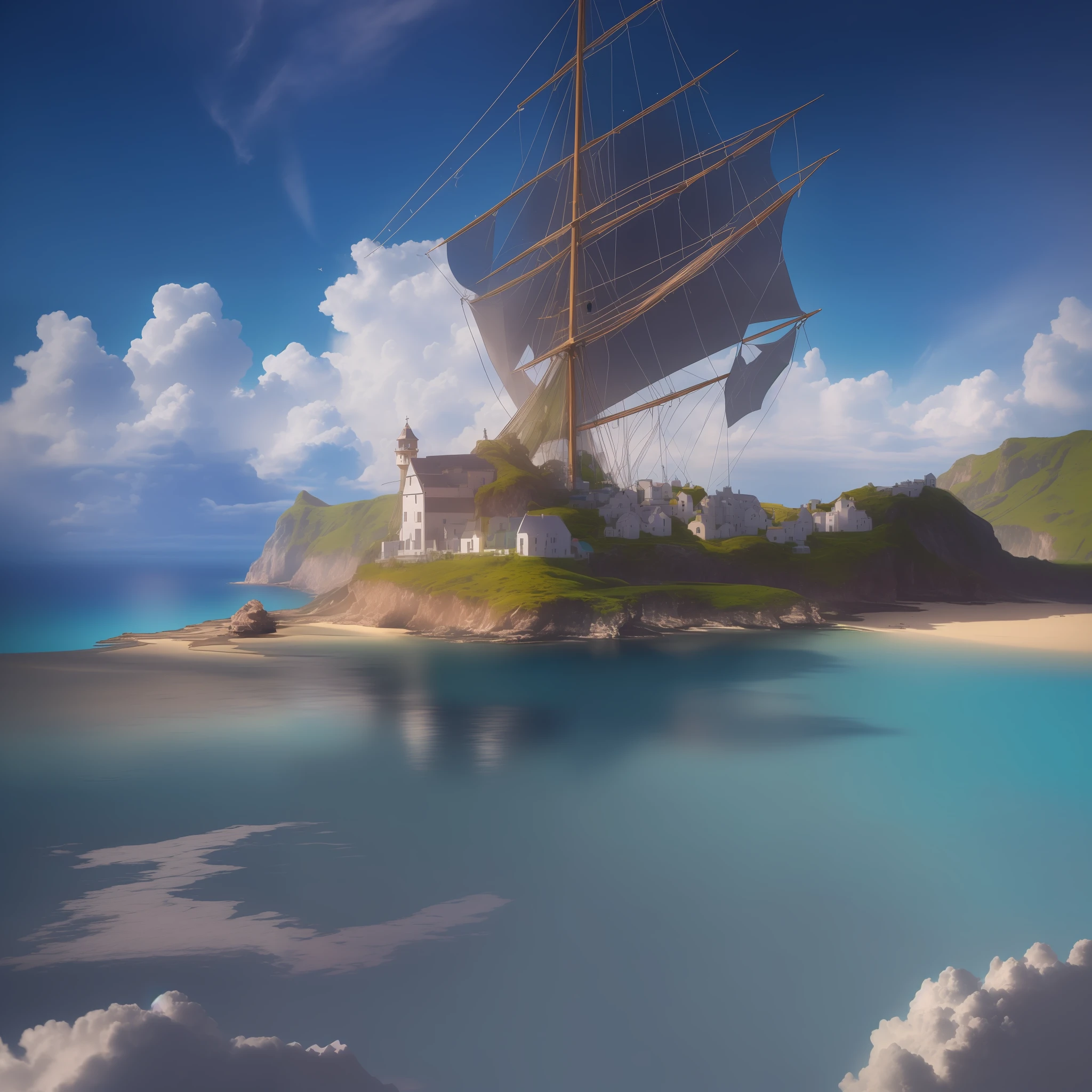 Beautiful island, home of land navigators, under the gaps in the clouds, the light of God, (tiny color) (((masterpiece)), ((best quality), (very detailed), depth of field, realistic, clear focus, soft light, HDR, bright, colorful, well composed, spectacular, from behind, ultra clear, 8k, sunlight through the clouds, Tyndall effect, green to blue gradient water crystal clear --v 6