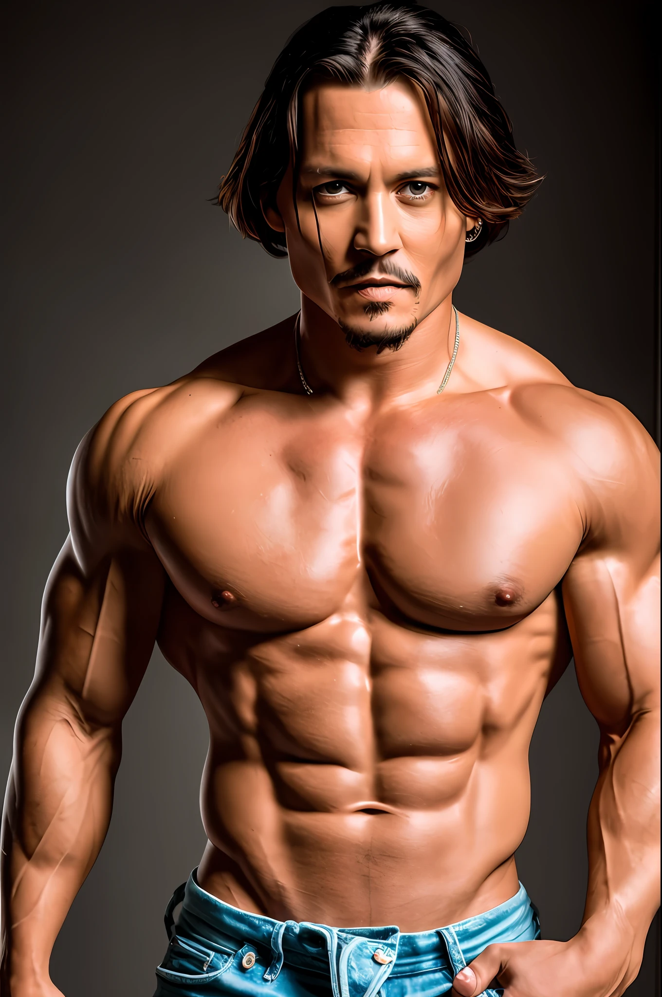 masterpiece, johnny depp as a muscular bodybuilder with 8 pack abs and big biceps and big pectoral muscles, (high detail:1 1), rough face, natural skin, high quality, nsfw, beautiful eyes, (detailed face and eyes), (face: 1 2), noise, extra, real photo, PSD, lamp film photography, sharp focus, contrast lighting, detailed skin, high resolution 8k, crazy detail, realistic, professional photography, 8k UHD, SLR camera, soft lighting, high quality, film grain, Fujifilm XT3