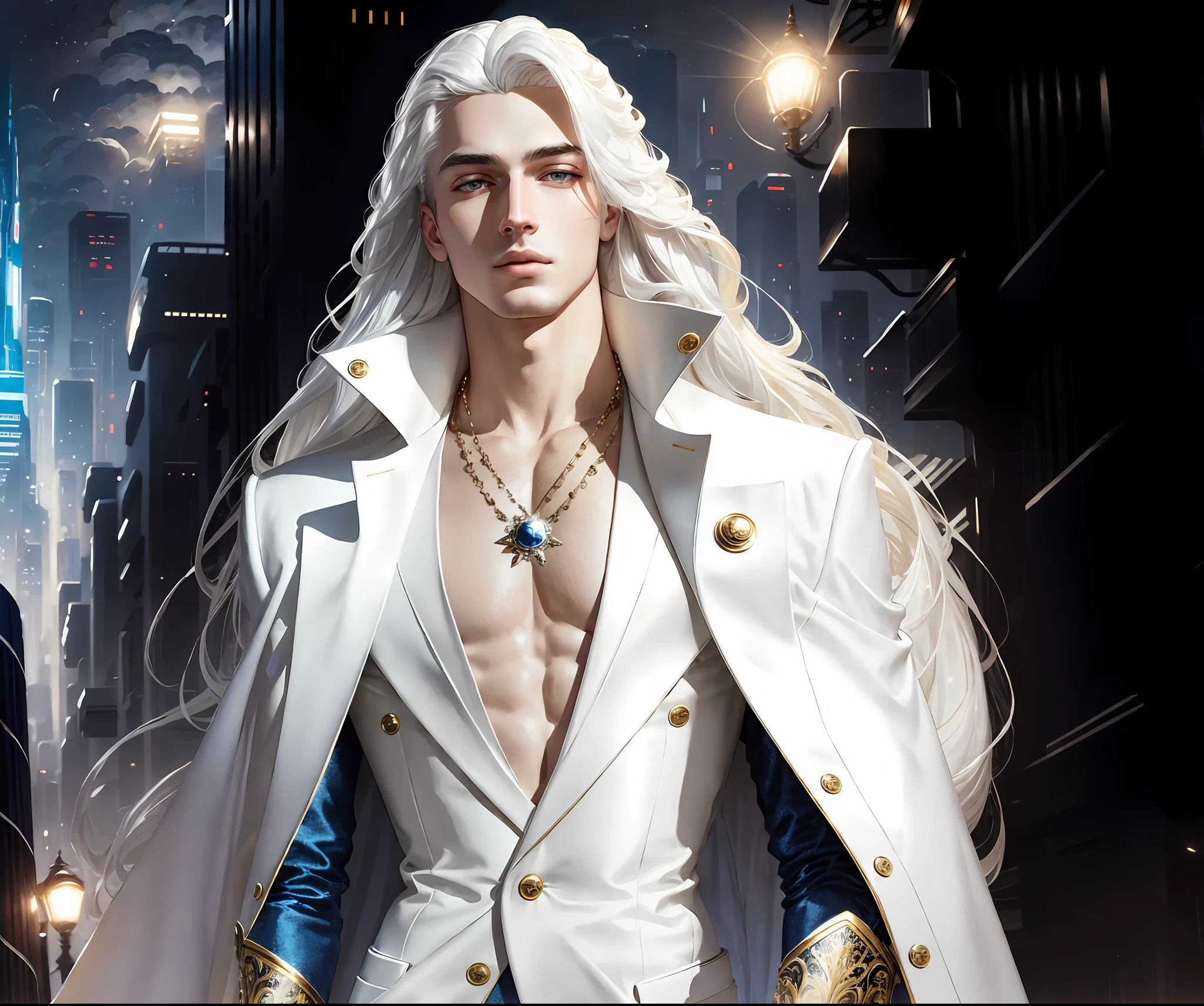 masterpiece, highest quality, (solo focus), (perfect face:1.1), (high detail:1.1),dramatic, 1guy, (pale skin), long white hair, white eyes, [light eyebrows], solo, long hair, moon, night, white luxury suit, covered navel, pouty lips, covered, futuristic city, detailed background, art by artgerm and greg rutkowski,  cinematic lighting, roses, fashion, BalenciagaStyle, Alexander McQueen