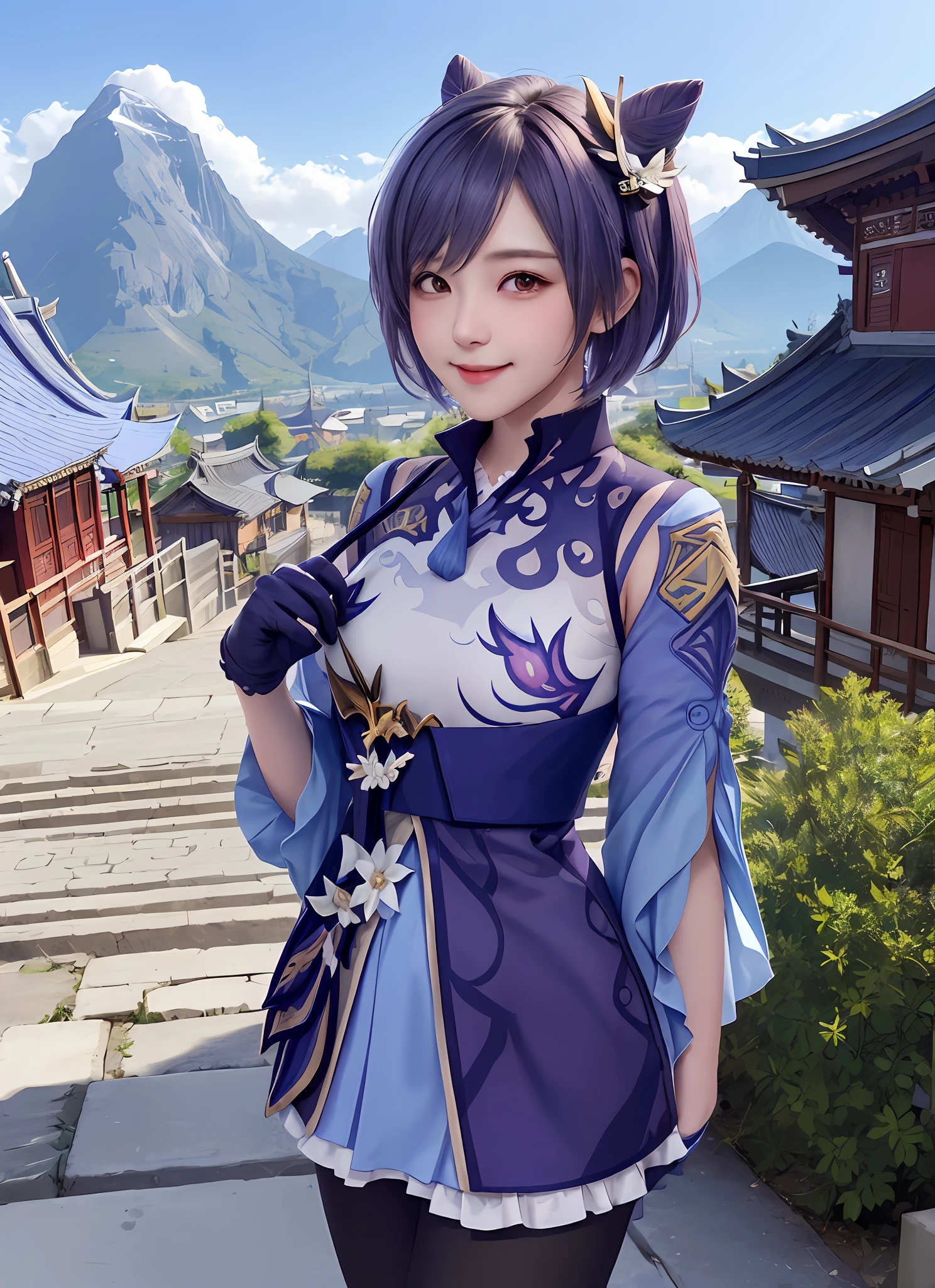 keqingdef, upper body, smile, blush, outdoor, work, simple background, blue sky, short hair, sky, temple, viewer, stairs, mountains, capricious lighting, facing viewer,game illustration, illustration,sexy body,
