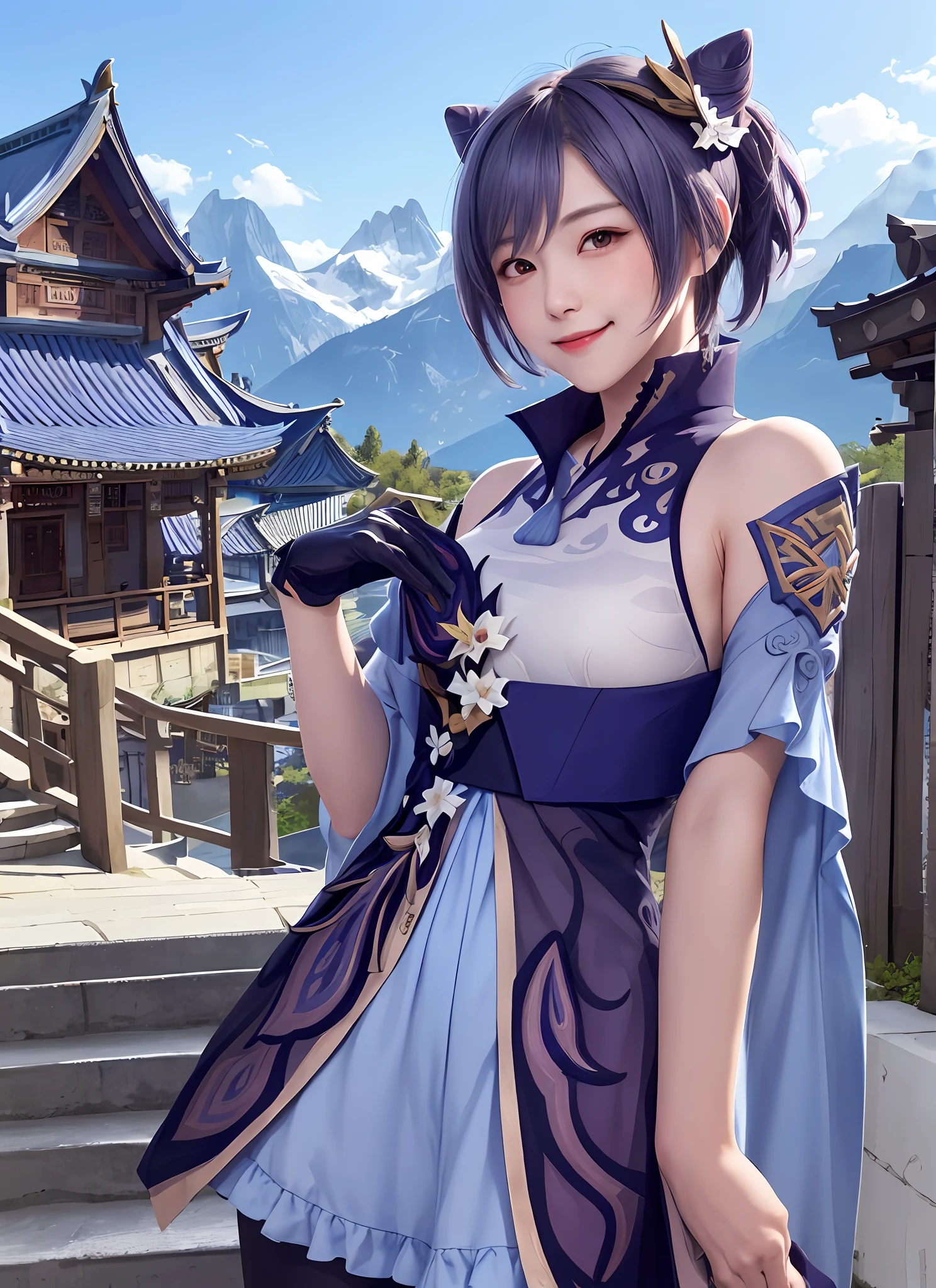 keqingdef, upper body, smile, blush, outdoor, work, simple background, blue sky, short hair, sky, temple, viewer, stairs, mountains, capricious lighting, facing viewer,game illustration, illustration,sexy body,