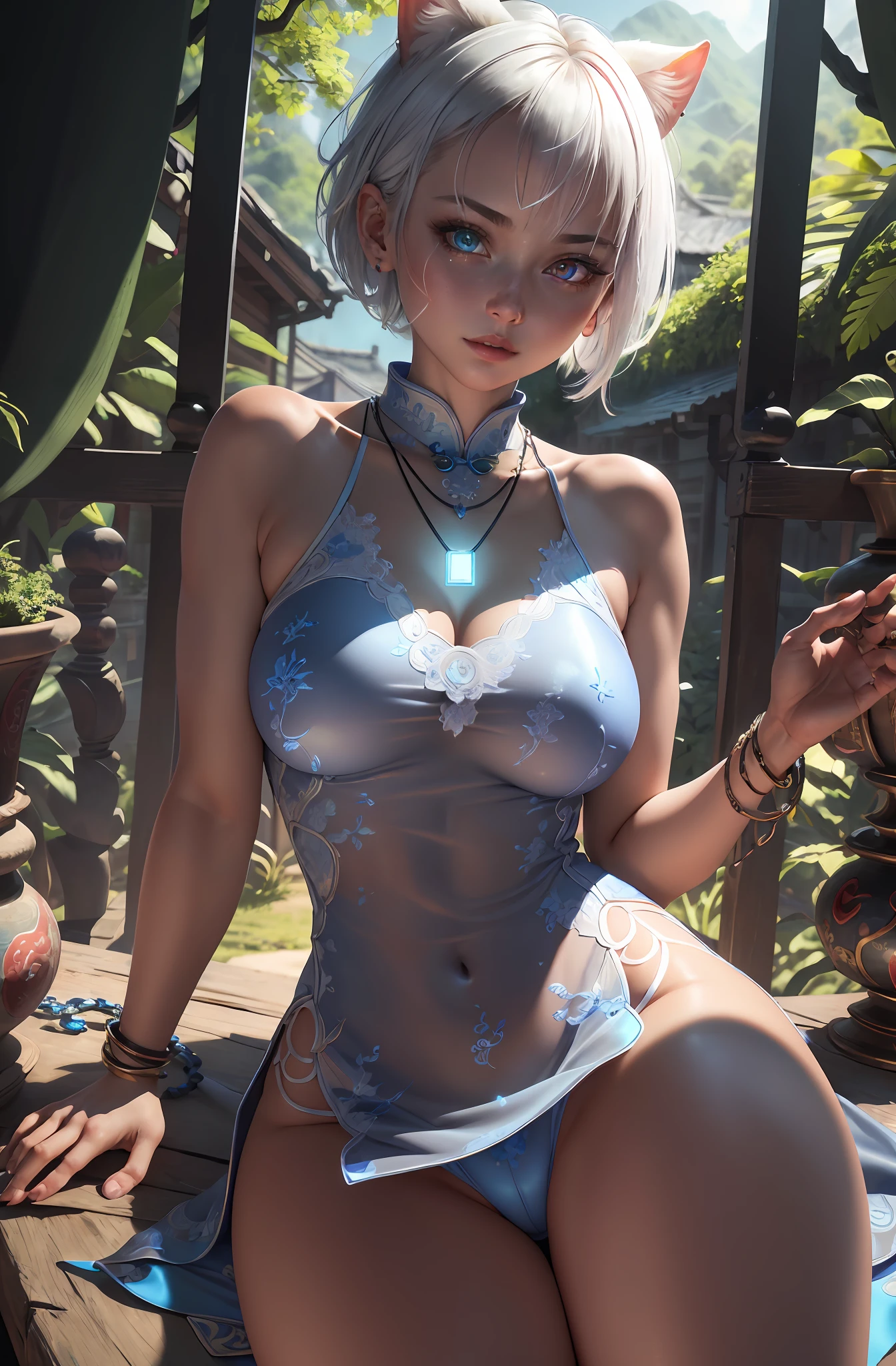 masterpiece, best quality, ultra-detailed, illustration,(1girl),beautiful detailed eyes, looking at viewer, close up, white short hair, shy, cat ears, ((glowing blue necklace)), village in forest in the background, (blue and red eyes), glossy lips, ((heterochromia)), (wearing a Cheongsam), sideboob, best lighting, absurdres, high details, intricate, intricate details, sharp focus, screen space reflextions, RTX, edge lighting, rim light, rimlighting, best lighting