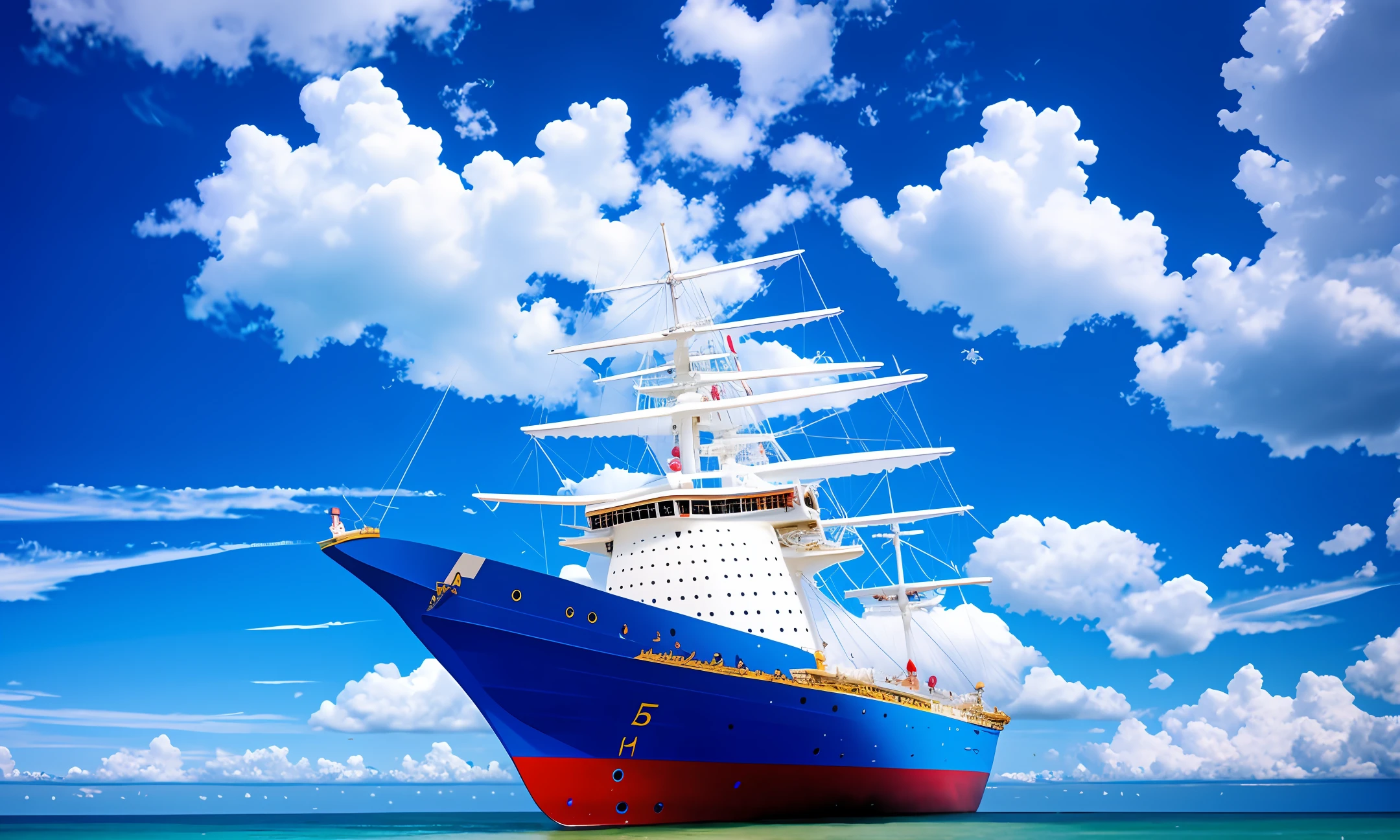 bigger ships are sailing in sea many birds are flying on sky's . Sky blueish sky white clouds sunlight