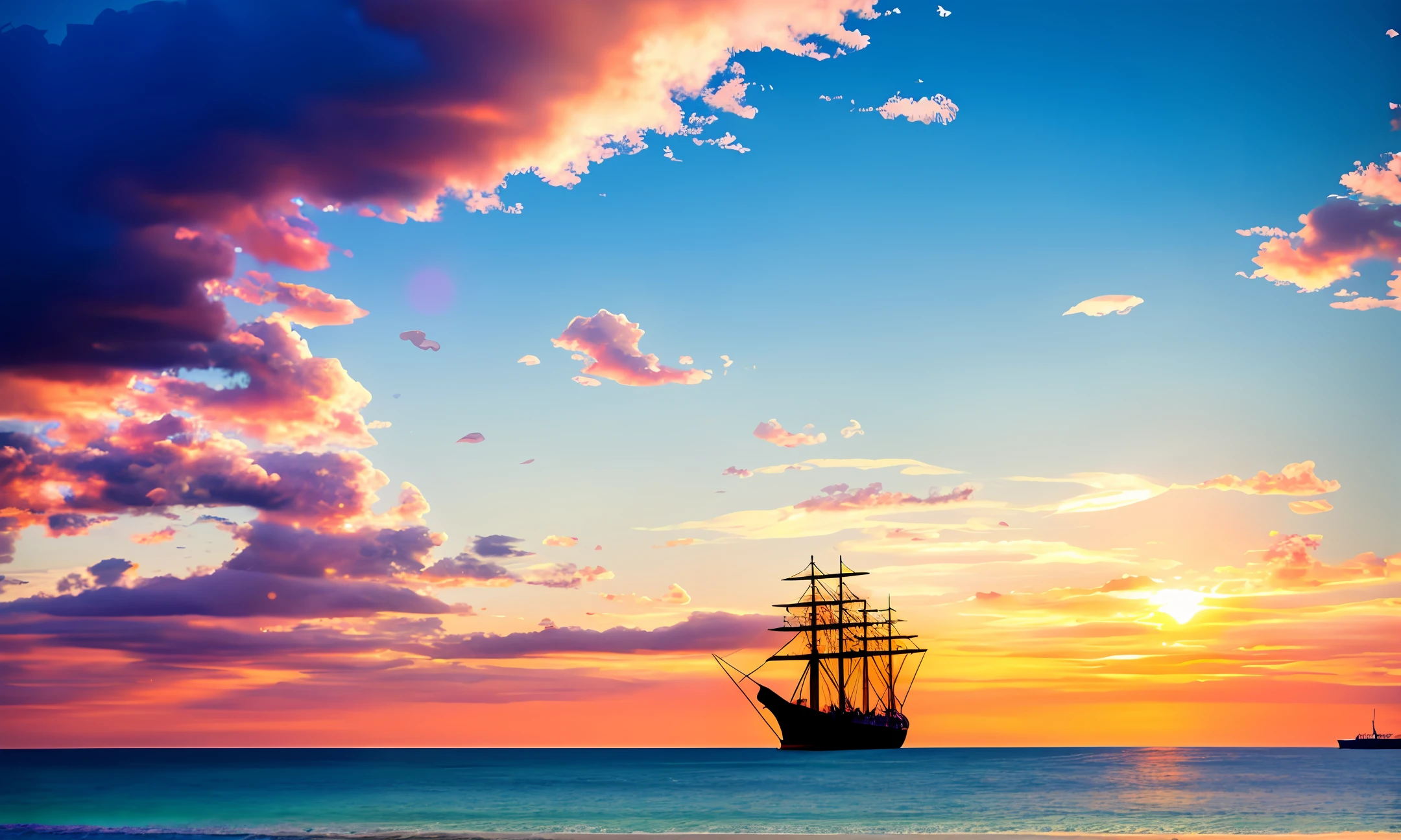 bigger ships are sailing in sea many birds are flying on sky's . Sky blueish sky white clouds sunlight