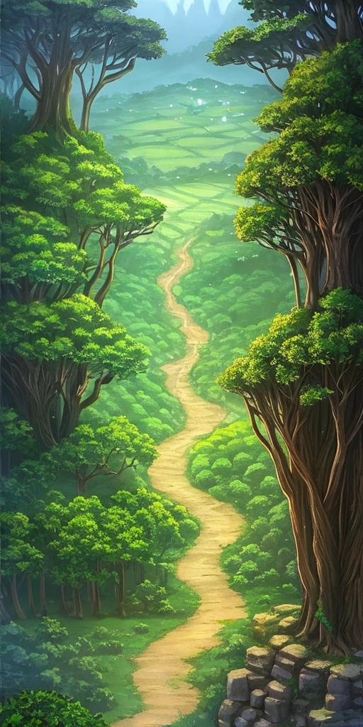 "Tabletop rpg map, of a village surrounded by a dense and mysterious forest, with high quality, incredible details and engaging atmosphere. Add dramatic lighting elements and shadows to increase the immersion of the scene." The path leads to a village