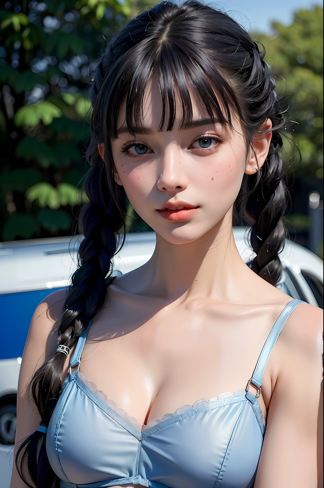 (masterpiece), (best quality:1.0), (ultra highres:1.0), (photorealistic:1.4), 1girl,  (blunt bangs:1.4),  ((focus face)),Blue eyes,extremely detailed face, extremely detailed eyes, White cheong sam, Blue stockings, Blue hair,Long hair, double ponytail, braids,smile, solo focus, looking at viewer, detailed beautiful skin, (perfect lighting), standing, train back ground