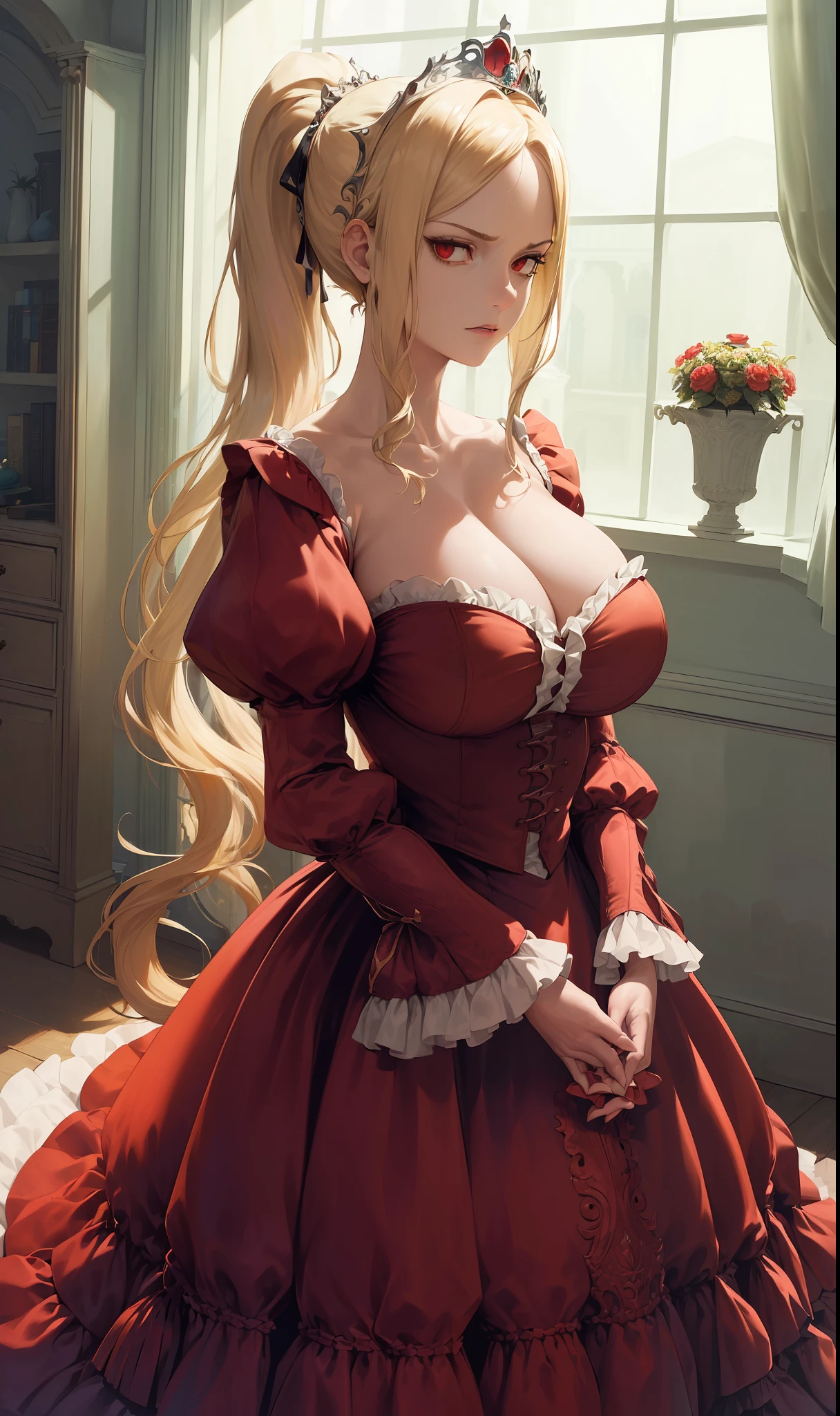 (Masterpiece, Best Quality, High Quality, Highres:1.4), Detailed, Extremely Detailed, Ambient Soft Lighting, 4K, Ornate,
Indoors, (Renaissance, Vintage:1.4), Plants, Window,
1Gril, (Solo:1.4), (Milf:1.2), Standing, Upper Body, (Face Focus:1.2),
(Extremely Detailed Hair:1.2), Blonde Hair, Long Hair, Long Sidelocks, Bangs, (Hair Intakes, High Ponytail:1.4),
Expressionless, Emotionless, (Red Eyes, Glaring, Contempt, Disgust, Looking at Viewer:1.2),
Curvy, Huge Breasts, Skindentation, (Bursting Breasts:1.2),
(Tiara:1.2), Crown, (Cleavage, Strapless, Red Dress, Frilled Dress, Long Skirt, Puffy Skirt, Puffy Sleeves, Juliet Sleeves, Long Sleeves:1.2), Jewelry,