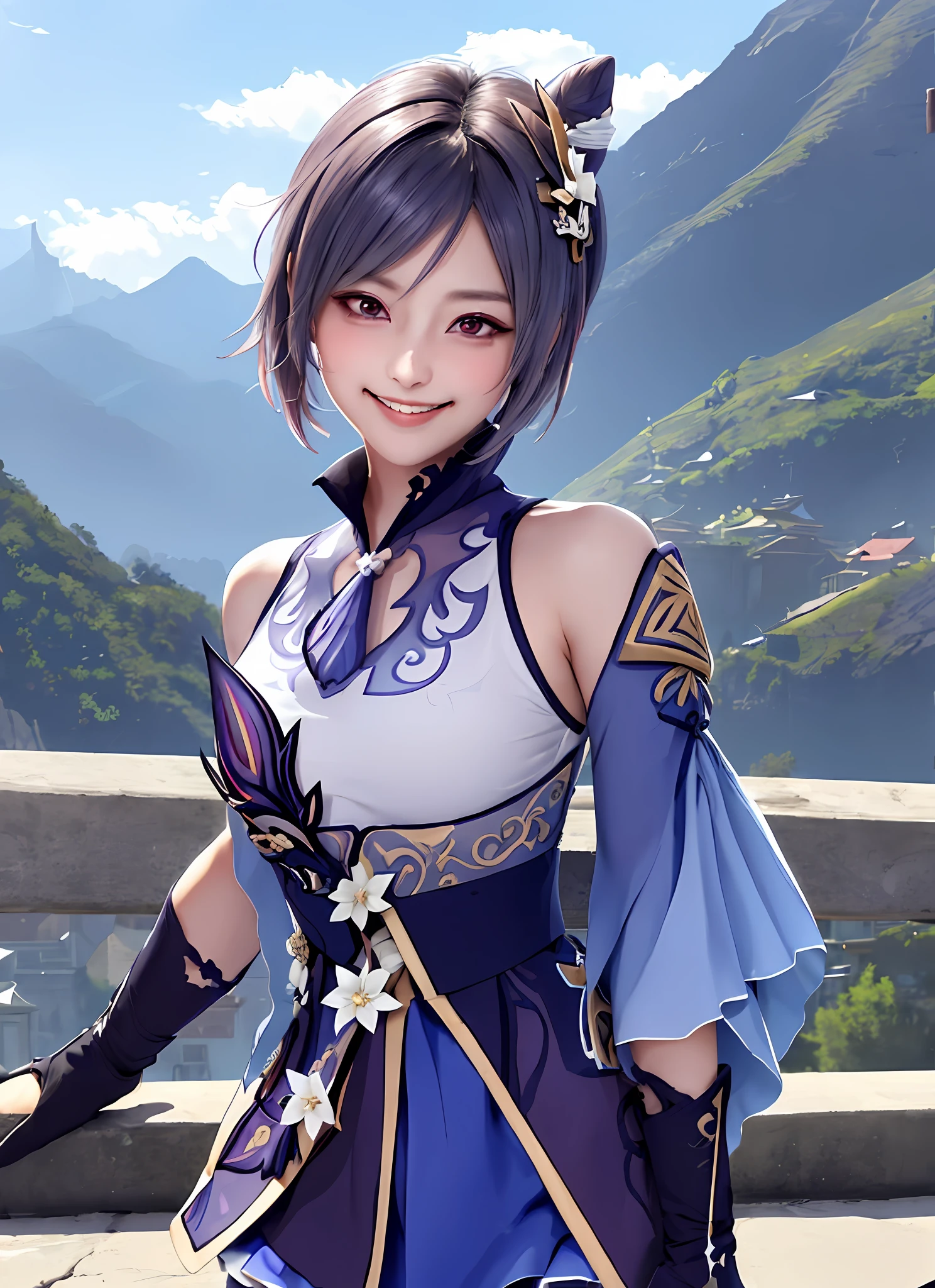 keqingdef, upper body, smile, blush, outdoor, work, simple background, blue sky, short hair, sky, temple, viewer, stairs, mountains, capricious lighting, facing the viewer,game illustration, illustration,sexy body,desired smile, requested,