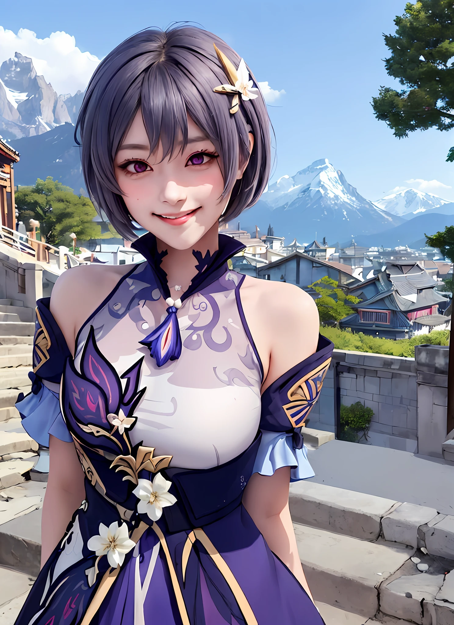 keqingdef, upper body, smile, blush, outdoor, work, simple background, blue sky, short hair, sky, temple, viewer, stairs, mountains, capricious lighting, facing the viewer,game illustration, illustration,sexy body,desired smile, requested,