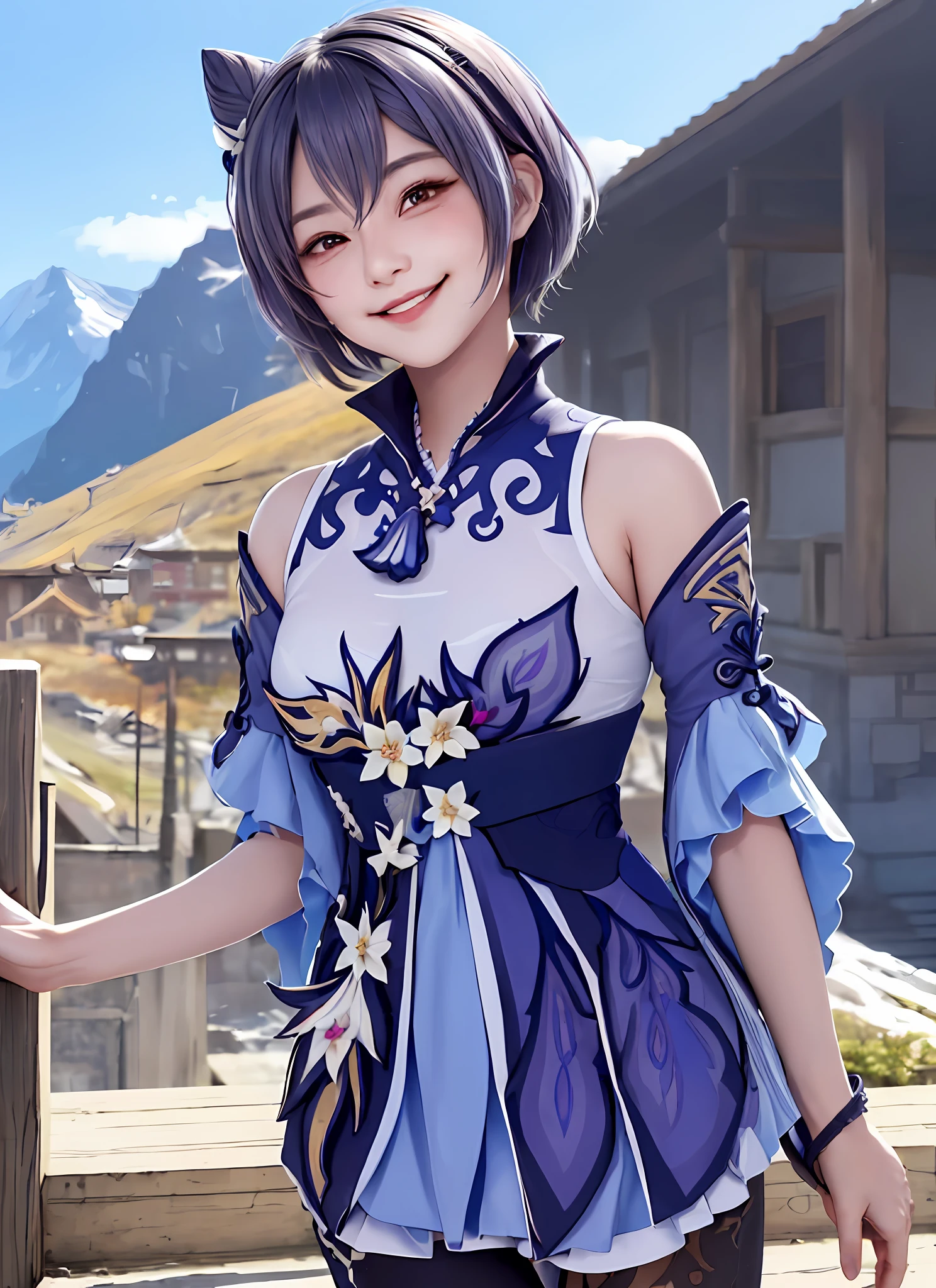 keqingdef, upper body, smile, blush, outdoor, work, simple background, blue sky, short hair, sky, temple, viewer, stairs, mountains, capricious lighting, facing the viewer,game illustration, illustration,sexy body,desired smile, requested,