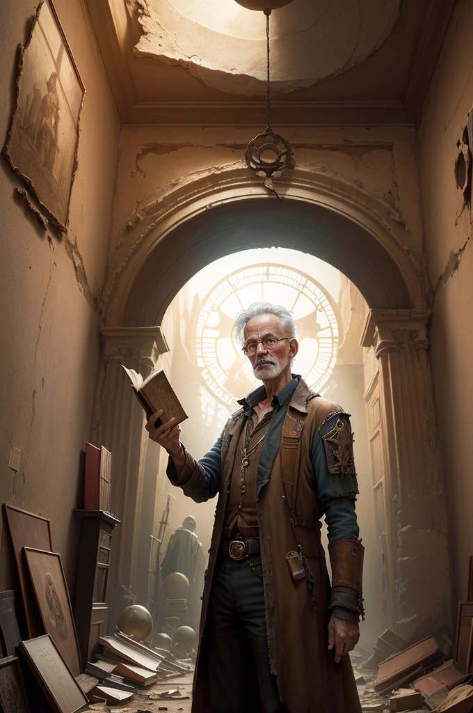 best quality, masterpiece, ultra high resolution, (realistic photo: 1.4), surrealism, 1 man in a dark and ruined room, surrounded by dusty tomes and ancient artifacts, with one hand on an old and worn grimoire and the other pointing to a bright symbol on the wall above a large open portal, with an otherworldly entity watching from the portal