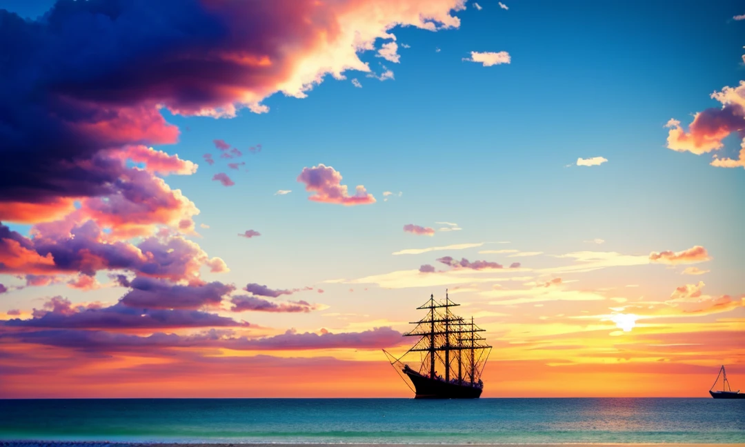 bigger ships are sailing in sea many birds are flying on sky's . Sky blueish sky white clouds sunlight
