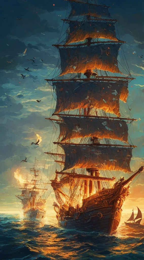 Painting of ocean ship with dark night background, detailed cover artwork, amazing wallpaper, pirate ship, old pirate ship, gothic ship on the ocean, 4k highly detailed digital art, burning ship, inspired by Gaston Busier, Roman Baezpalkiv, detailed painting 4k, Arthur Pan, Alexander Jean, giant sea monster, flying birds,