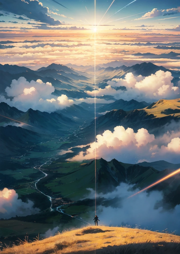 Vast sky, beautiful skyline, large grasslands, intense and dramatic pictures, moving visuals, hanging north stars, colorful natural light.