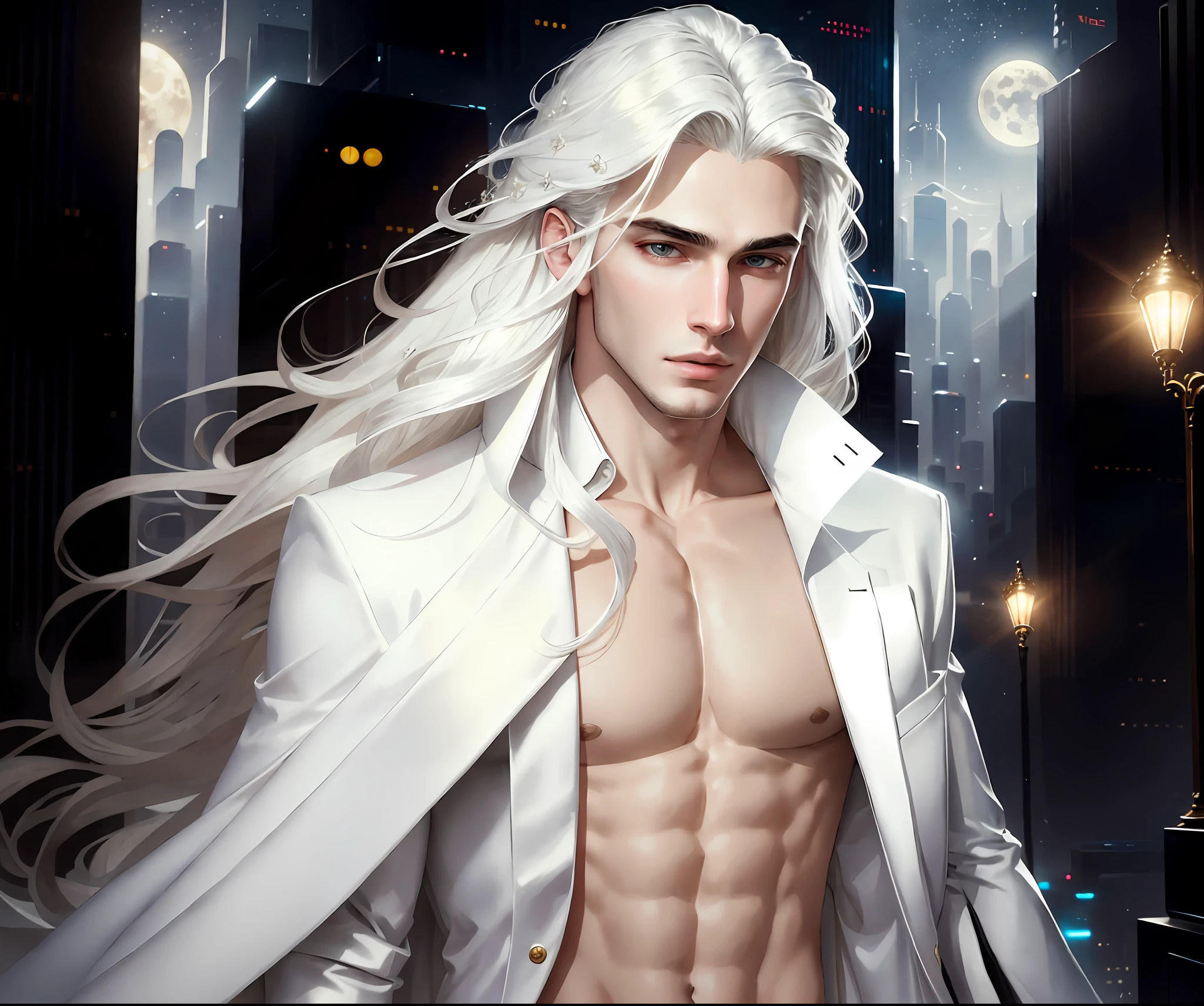 masterpiece, highest quality, (solo focus), (perfect face:1.1), (high detail:1.1),dramatic, 1guy, (pale skin), long white hair, white eyes, [light eyebrows], solo, long hair, moon, night, white luxury suit, covered navel, pouty lips, covered, futuristic city, detailed background, art by artgerm and greg rutkowski,  cinematic lighting, roses, fashion