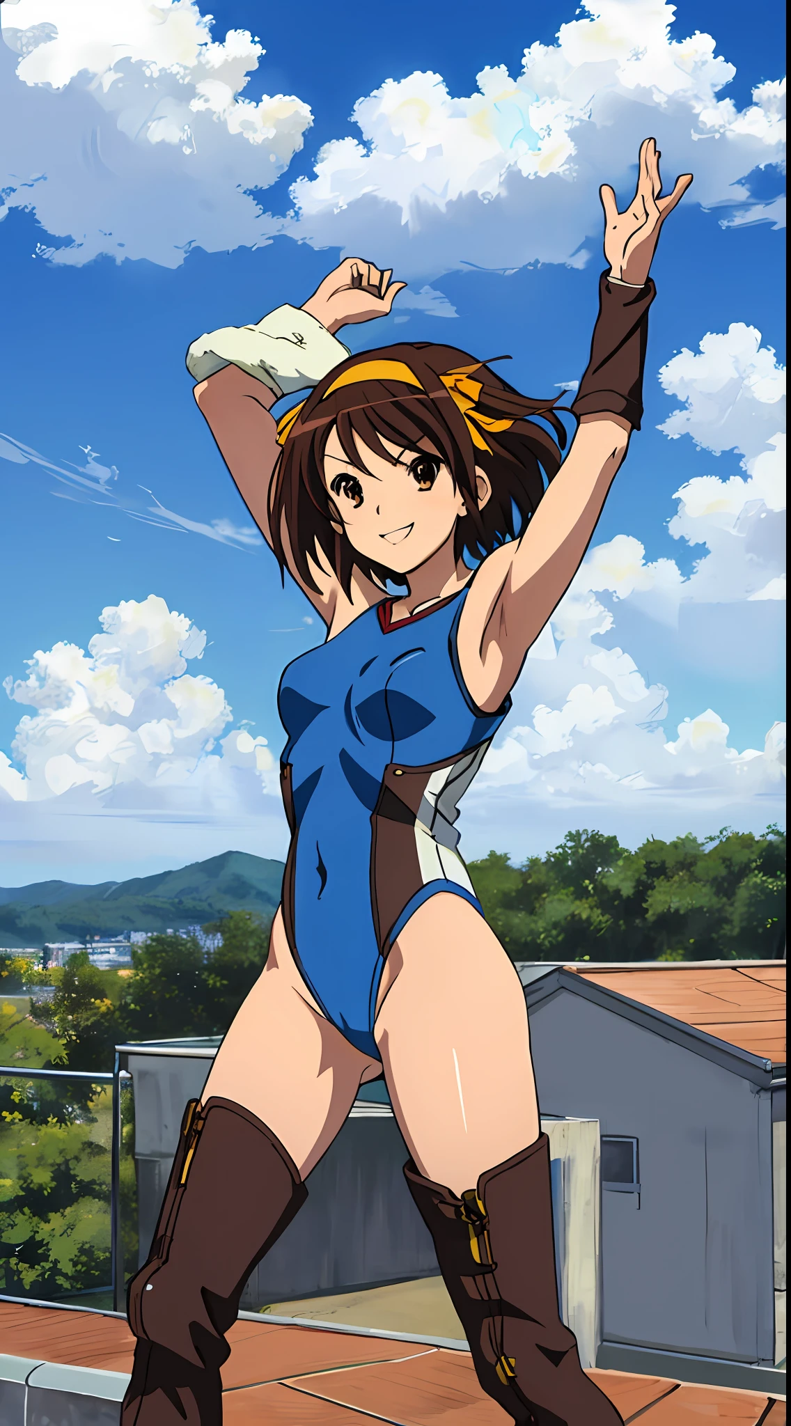 masterpiece, best quality, highres, 1girl, solo, superhero, leotard, blue and white leotard, bare legs, brown hair, short hair, brown eyes, hairband, medium hair, ribbon, boots, matching boots, blue boots, medium , cowboy shot, smile, sky backdrop, haruhi suzumiya, kyoani haruhi style, sleeveless, flying, flying pose. looking at viewer,