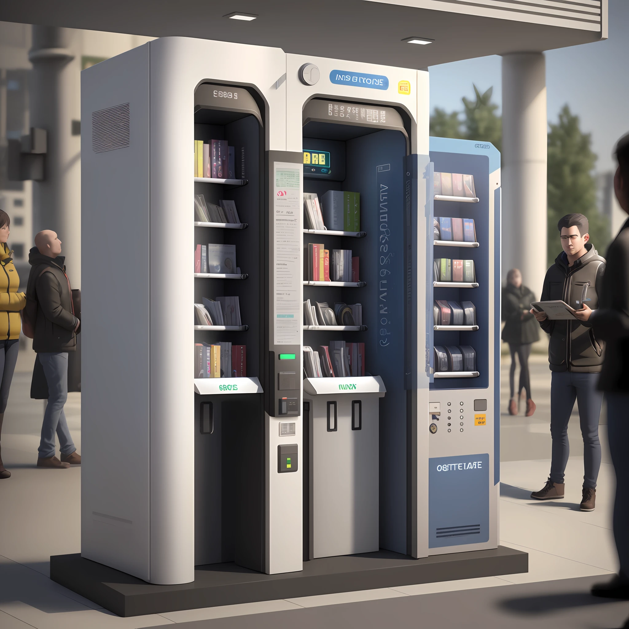 Public place book exchange machine, technology book vending machine, book sales, noise reduction realistic rendering, futuristic product design, 3D modeling, detail rendering, 3 D rendering