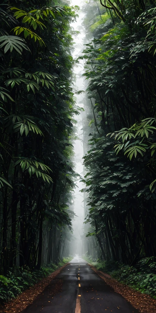jungle, heavy rainfall, monochrome, vines everywhere, huge and damp trees, masterpiece, best quality, high quality, very detailed CG uniform 8k wallpaper, oil painting, award winning photography, bokeh, depth of field, HDR, bloom, chromatic aberration, realism, very detailed, trends on artstation, trends on CGsociety, intricacies, high detail, drama, midjourney art, volumetric lighting, tall trees, each tree has a diameter of one or two meters, Elongated asphalt road