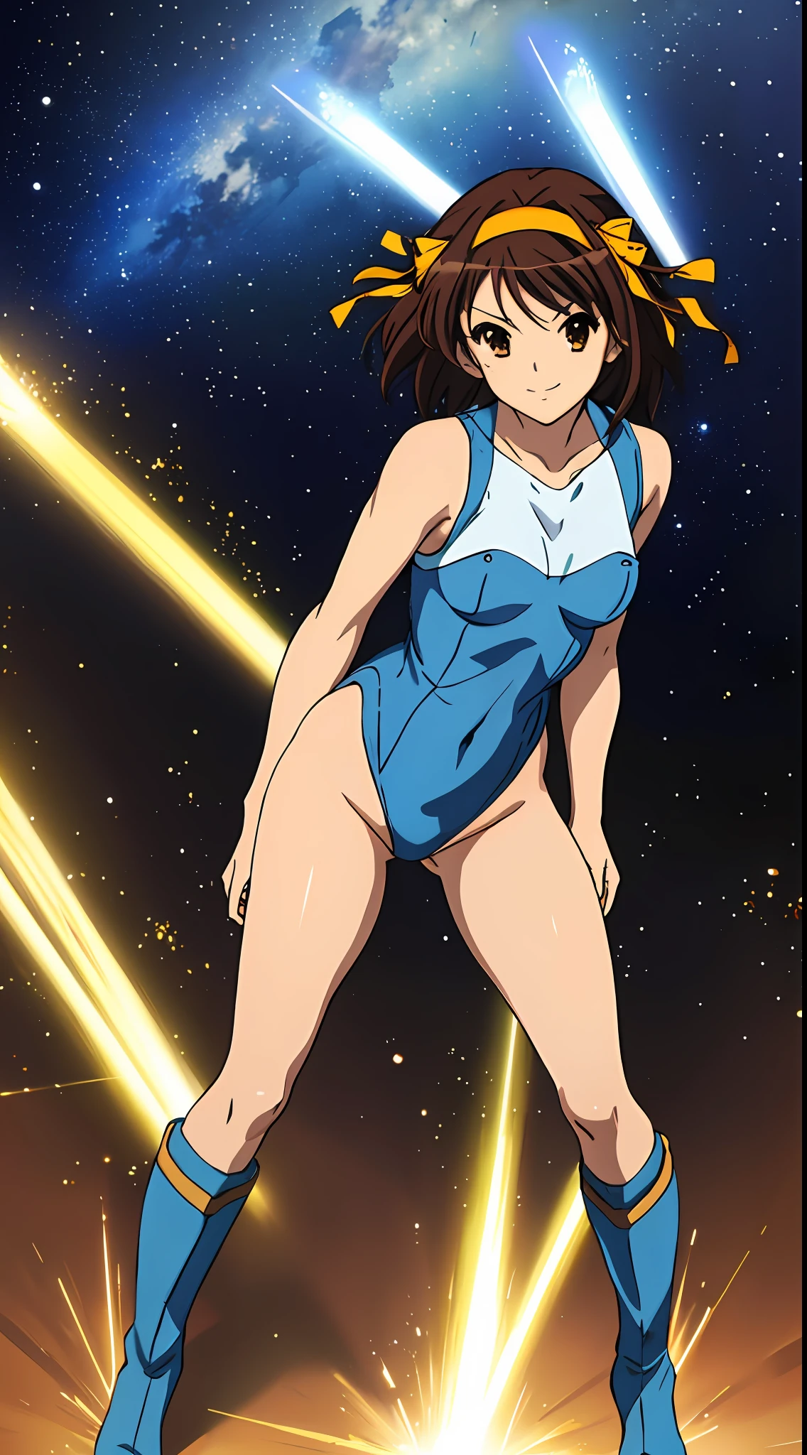 masterpiece, best quality, highres, 1girl, solo, superhero, leotard, blue and white leotard, bare legs, brown hair, short hair, brown eyes, hairband, medium hair, ribbon, boots, matching boots, blue boots, medium breasts, cowboy shot, smile, space backdrop, haruhi suzumiya, kyoani haruhi style, sleeveless, hands on hip, looking at viewer, light particles, glowing,