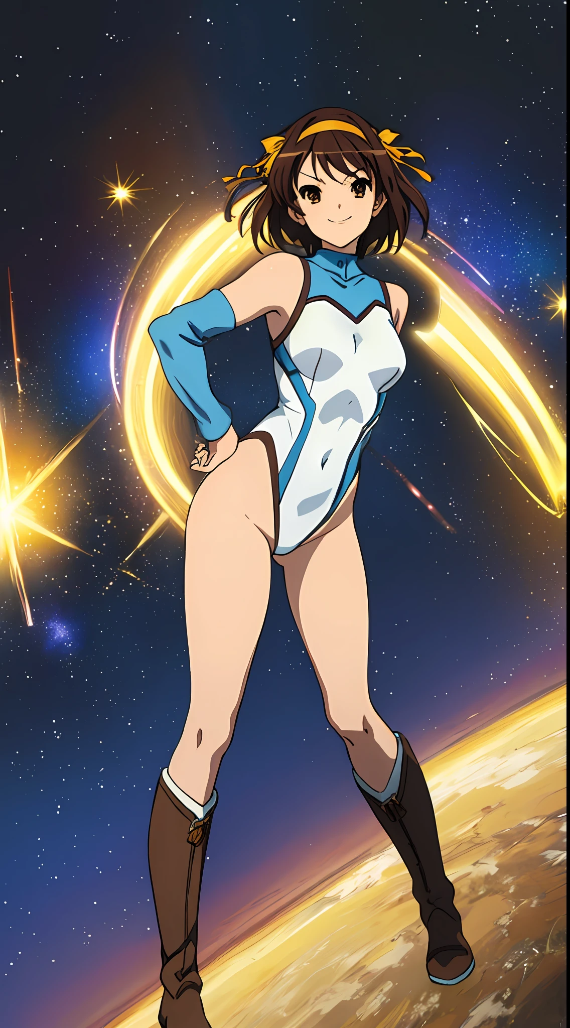 masterpiece, best quality, highres, 1girl, solo, superhero, leotard, blue and white leotard,  legs, brown hair, short hair, brown eyes, hairband, medium hair, ribbon, boots, matching boots, blue boots, , cowboy shot, smile, space backdrop, haruhi suzumiya, kyoani haruhi style, sleeveless, hands on hip, looking at viewer, light particles, glowing,