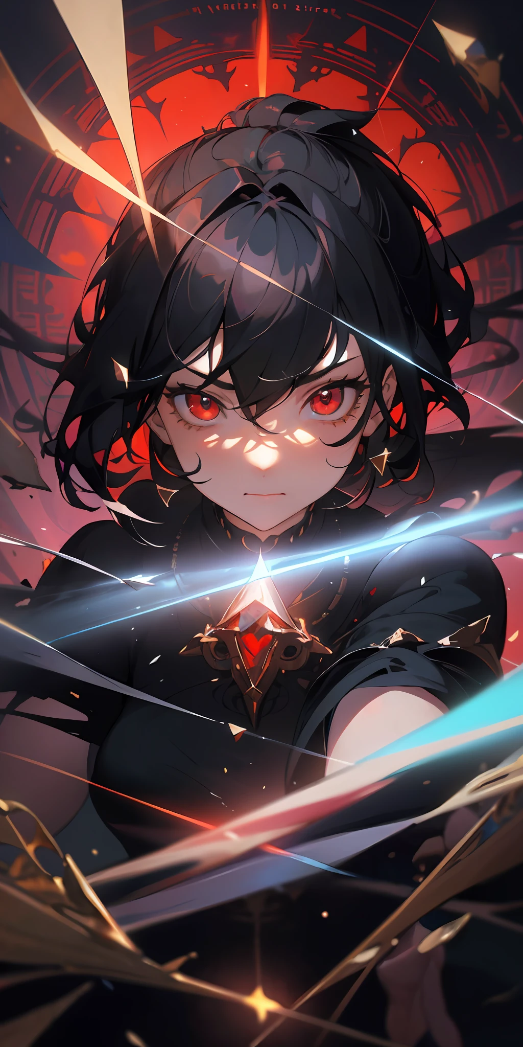 (masterpiece: 1.2, best quality), (beautiful finely detailed eyes: 1.2), (detailed background, dark fantasy), (beautiful and detailed face), high contrast, (best lighting, extremely delicate and beautiful), ((cinematic light)), colorful, hyperdetail, dramatic light, intricate details, (1 girl, solo, black hair, pointed face, low ponytail, red eyes, hair between eyes, dynamic angle), (blood splatters: 1.4), swirling black light around the character, depth of field, particles of black light, (broken glass), magic circle shining brightly, in red with yellowish light, in the background a black castle