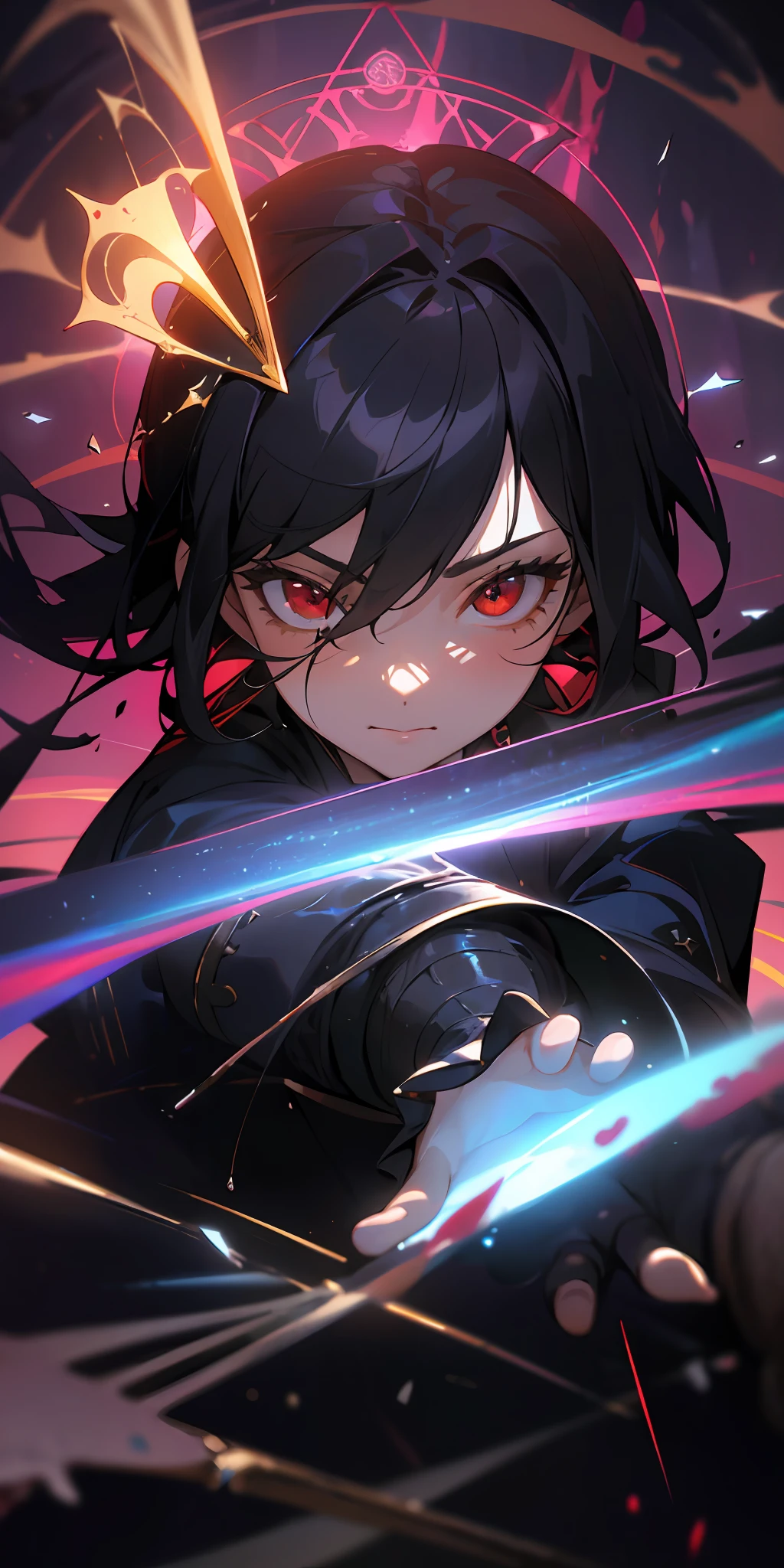 (masterpiece: 1.2, best quality), (beautiful finely detailed eyes: 1.2), (detailed background, dark fantasy), (beautiful and detailed face), high contrast, (best lighting, extremely delicate and beautiful), ((cinematic light)), colorful, hyperdetail, dramatic light, intricate details, (1 girl, solo, black hair, pointed face, low ponytail, red eyes, hair between eyes, dynamic angle), (blood splatters: 1.4), swirling black light around the character, depth of field, particles of black light, (broken glass), magic circle shining brightly, in red with yellowish light, in the background a black castle