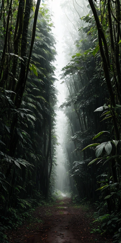 jungle, heavy rainfall, monochrome, vines everywhere, huge and damp trees, masterpiece, best quality, high quality, very detailed CG uniform 8k wallpaper, oil painting, award winning photography, bokeh, depth of field, HDR, bloom, chromatic aberration, realism, very detailed, trends on artstation, trends on CGsociety, intricacies, high detail, drama, midjourney art, volumetric lighting, tall trees, each tree has a diameter of one or two meters, Elongated asphalt roads, taiga