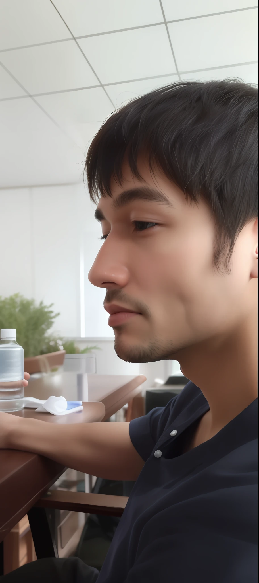 there is a man sitting at a table with a bottle of water, with narrow nose, small straight nose, thin nose, with small nose, round nose, small nose, thin on nose, smaller nose, pointed nose, hooked nose and square jaw, straight nose, wide nose, big round nose, pointed chin, 3 2 - year - old man, square nose