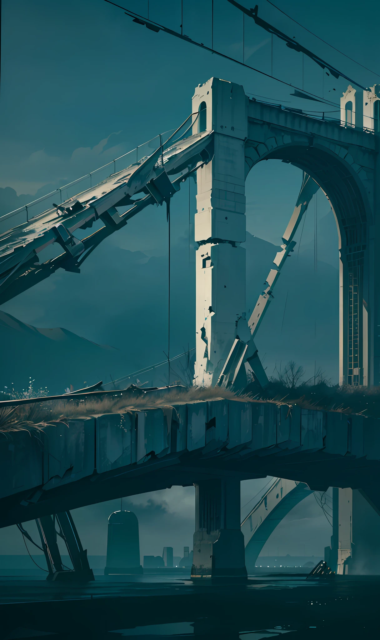 Simple colors, cool tones, dark night, broken bridge, (((Broken bridge))), gloomy, suspenseful, style ethereal abstraction, (illustration: 1.0), epic composition, HD details, masterpiece, best quality, (very detailed CG unified 8k wallpaper) --v 6
