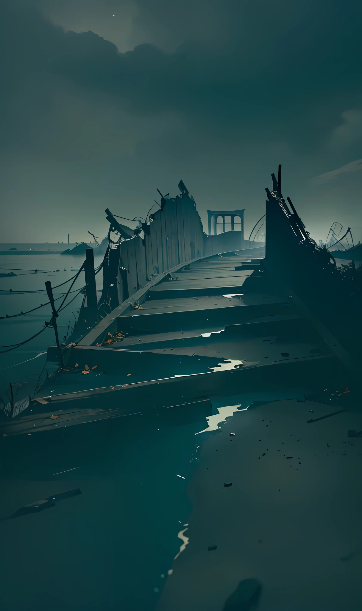 Simple colors, cool tones, dark night, broken bridge, (((Broken bridge))), gloomy, suspenseful, style ethereal abstraction, (illustration: 1.0), epic composition, HD details, masterpiece, best quality, (very detailed CG unified 8k wallpaper) --v 6