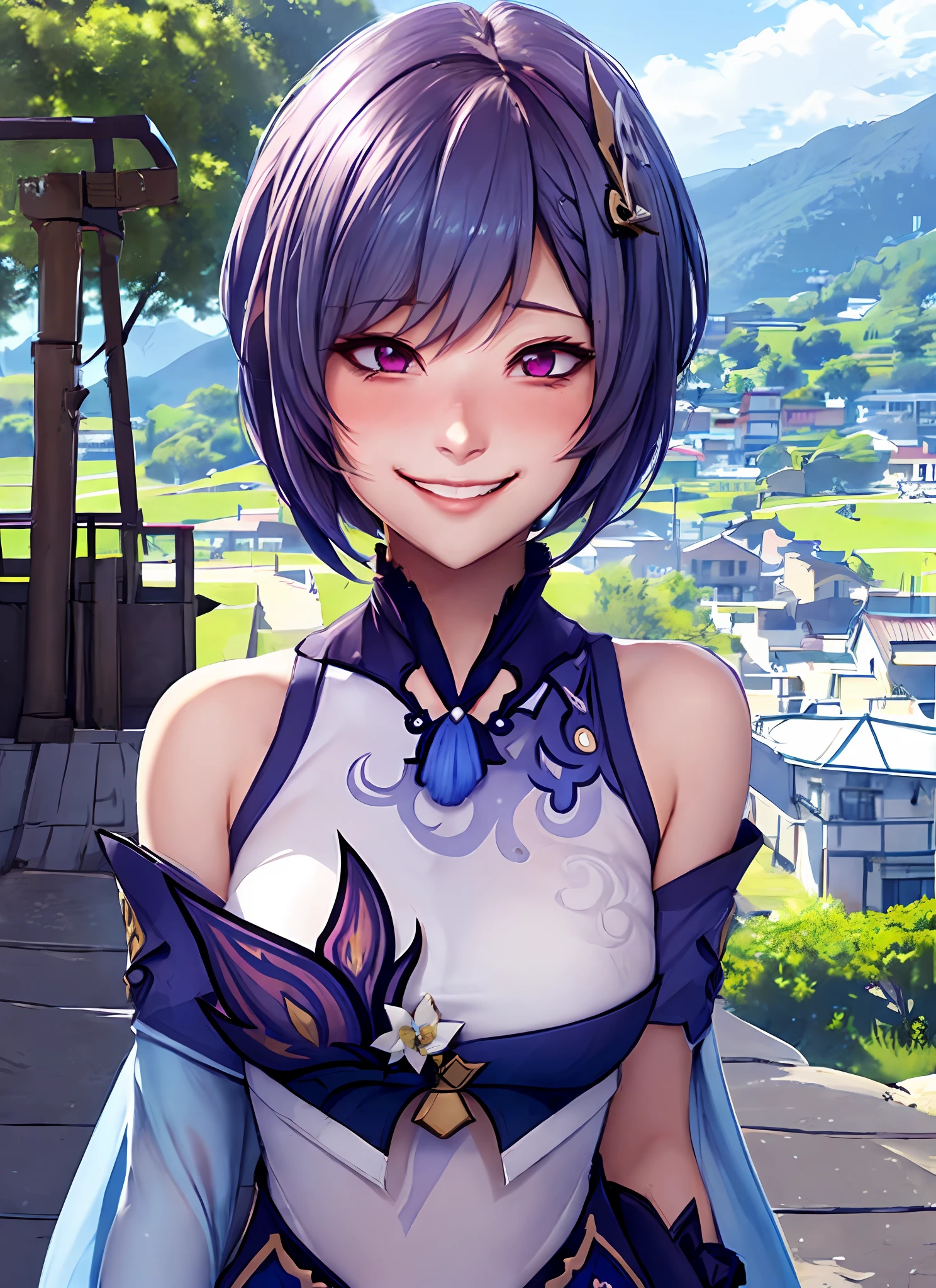 keqingdef, upper body, smile, blush, outdoor, work, simple background, blue sky, short hair, sky, temple, viewer, stairs, mountains, capricious lighting, facing the viewer,game illustration, illustration,sexy body,desired smile, requested,