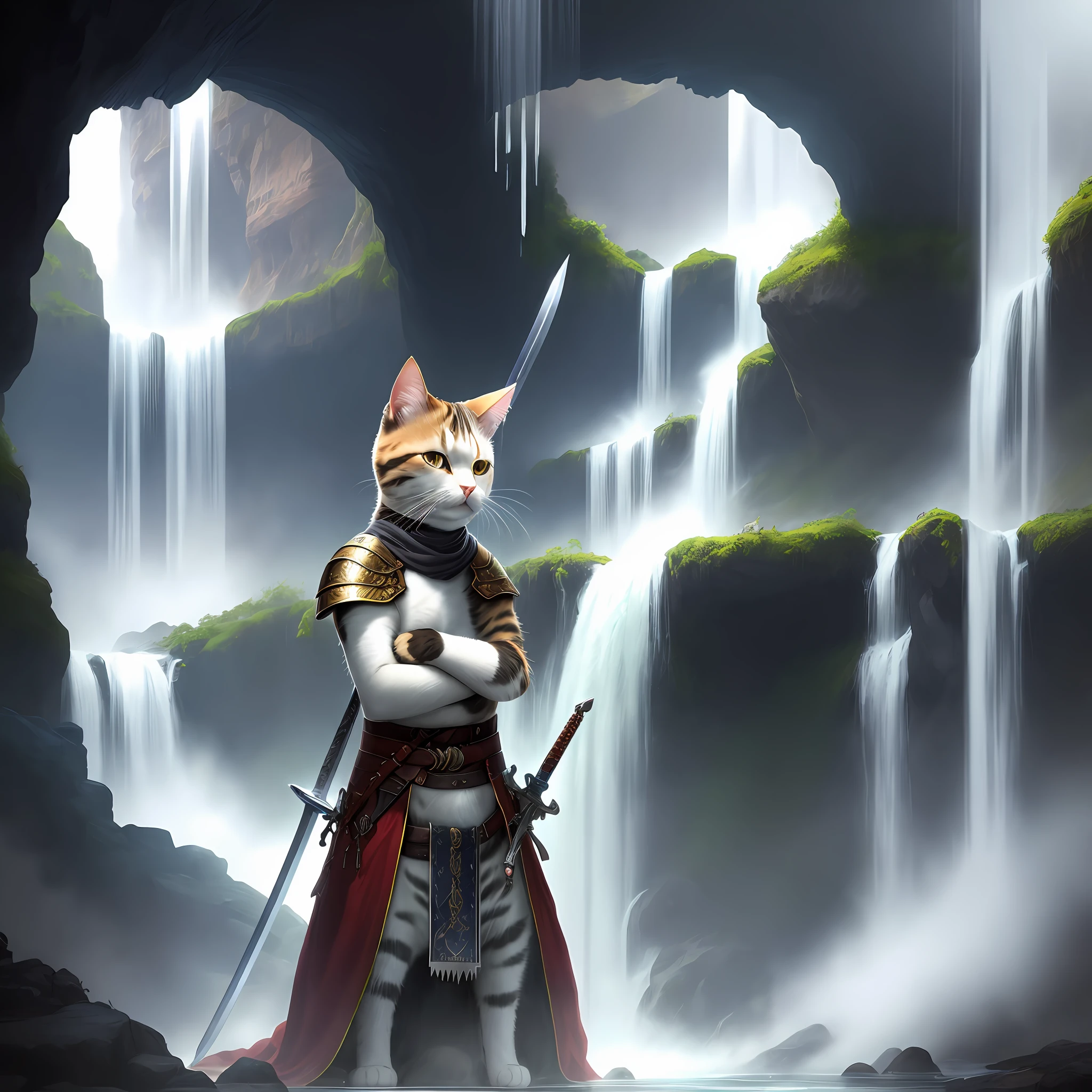 A cat holds a sword under a waterfall