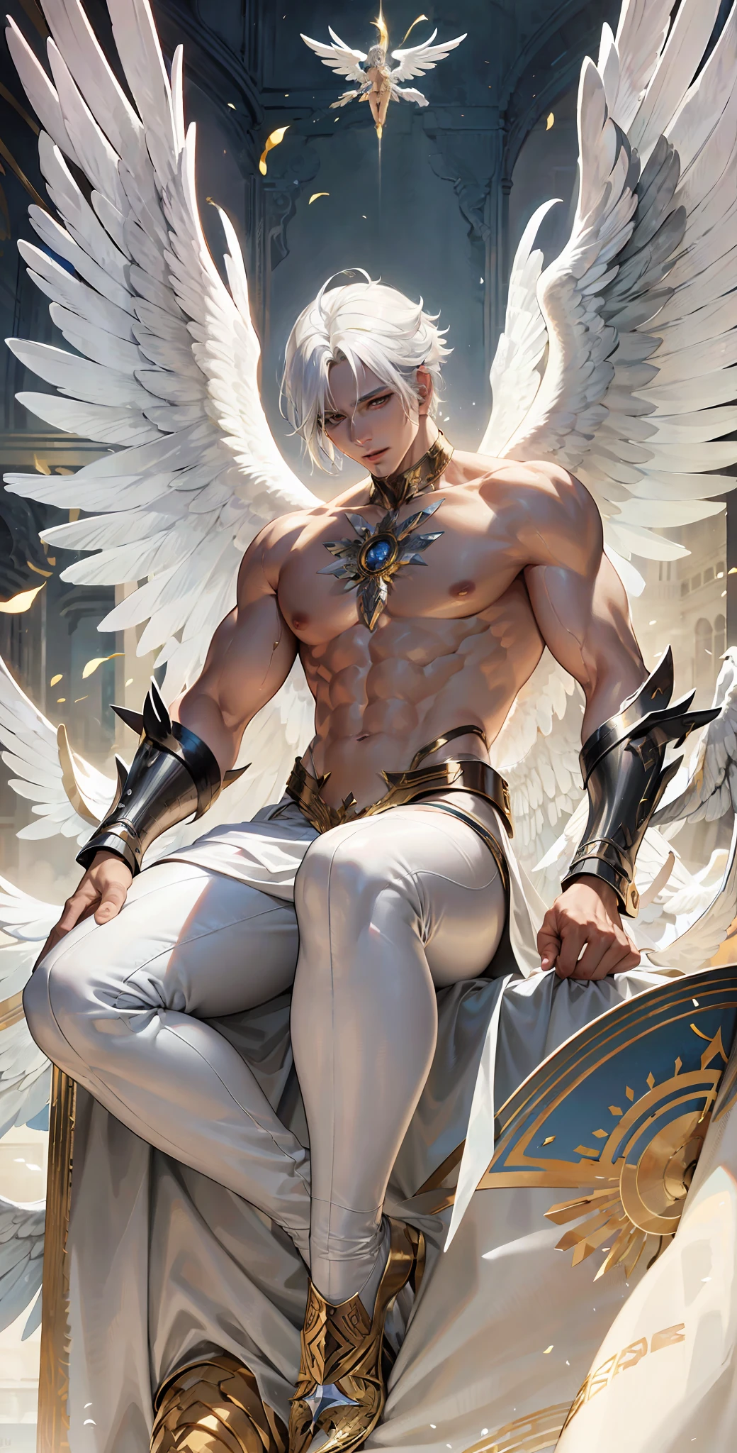 Close-up of a man with white hair and wings, majestic angel with a whole body, young angels, handsome face, winged boy, attractive male god, male halo, archangel, --v 6