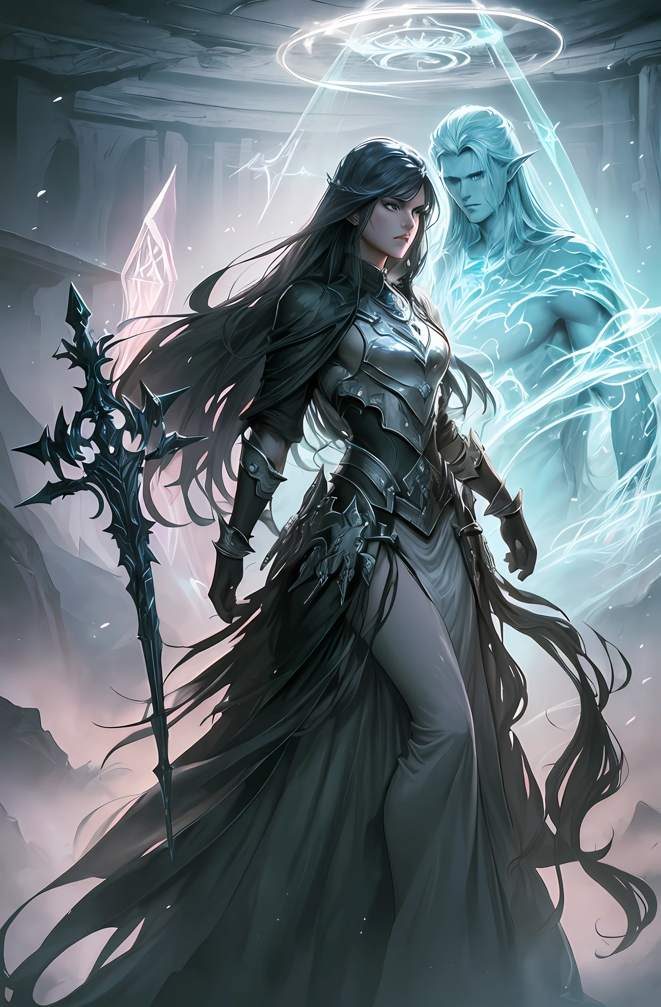 Classic negative portrait photos, fantasy video game character concept art, dungeons and dragons, fantasy, rivers, haze, halo, bloom, dramatic atmosphere, dark fantasy movies from the 1970s, centering, rule of thirds, --v 6