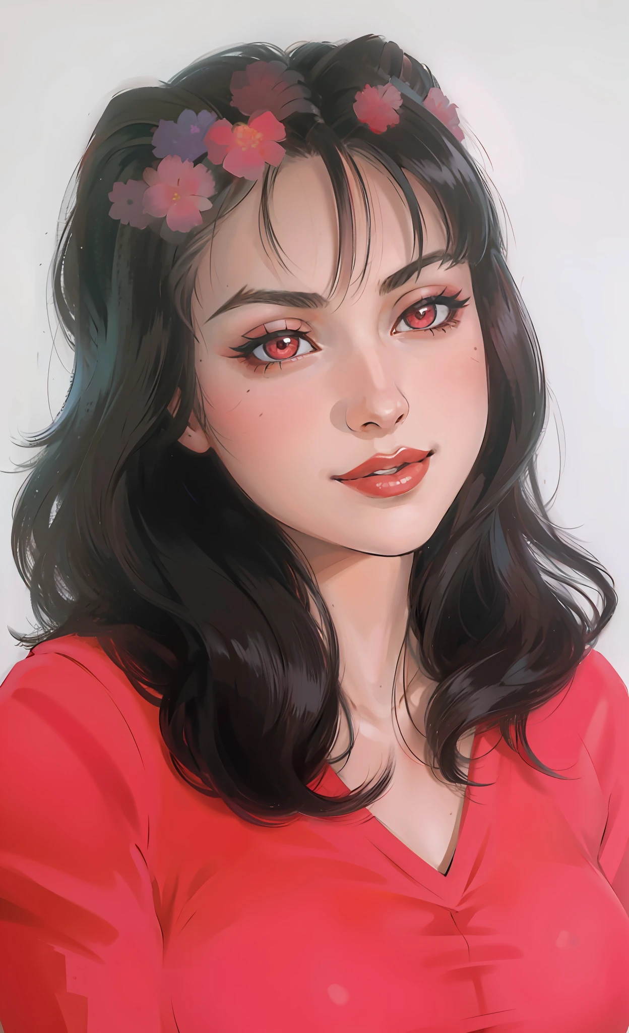 (masterpiece),(best quality:1.0), (ultra highres:1.0), detailed illustration, 8k, anime, 1girl, beautiful anime girl,, wearing a red top, pretty face, detailed face, beautiful eyes, detailed eyes, dark red eyes, bright red lips, red lipstick, smiling, beautiful stylish hair, highlights in hair, bangs anime style, best quality, vibrant