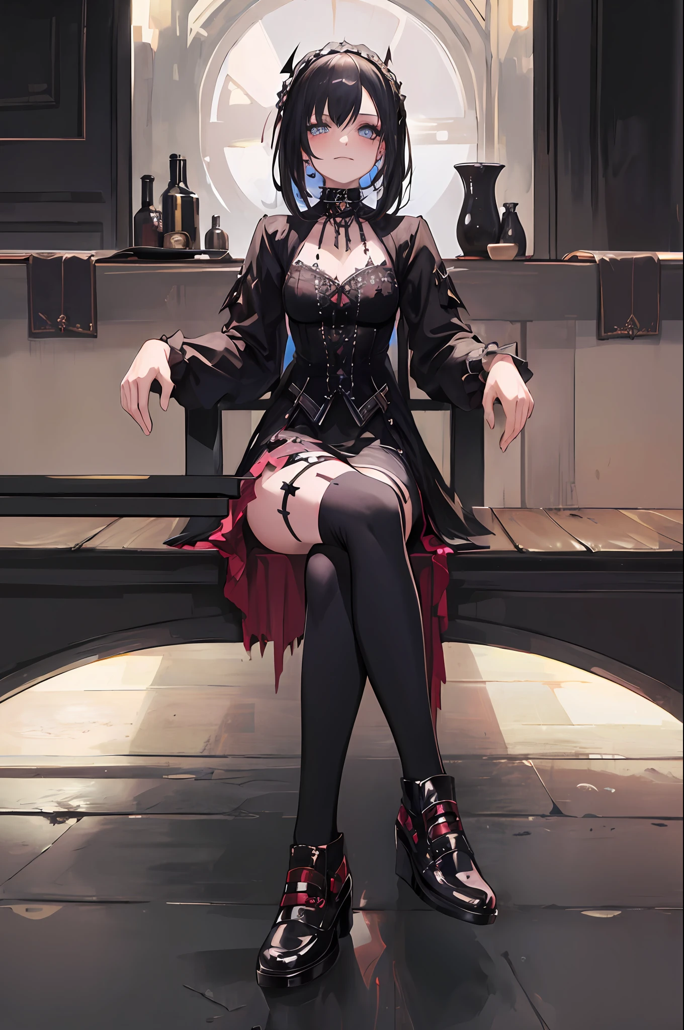1girl, ((masterpiece, high quality)), (gothic clothing, punk clothing), (sitting, crossing legs, smug, proud face)