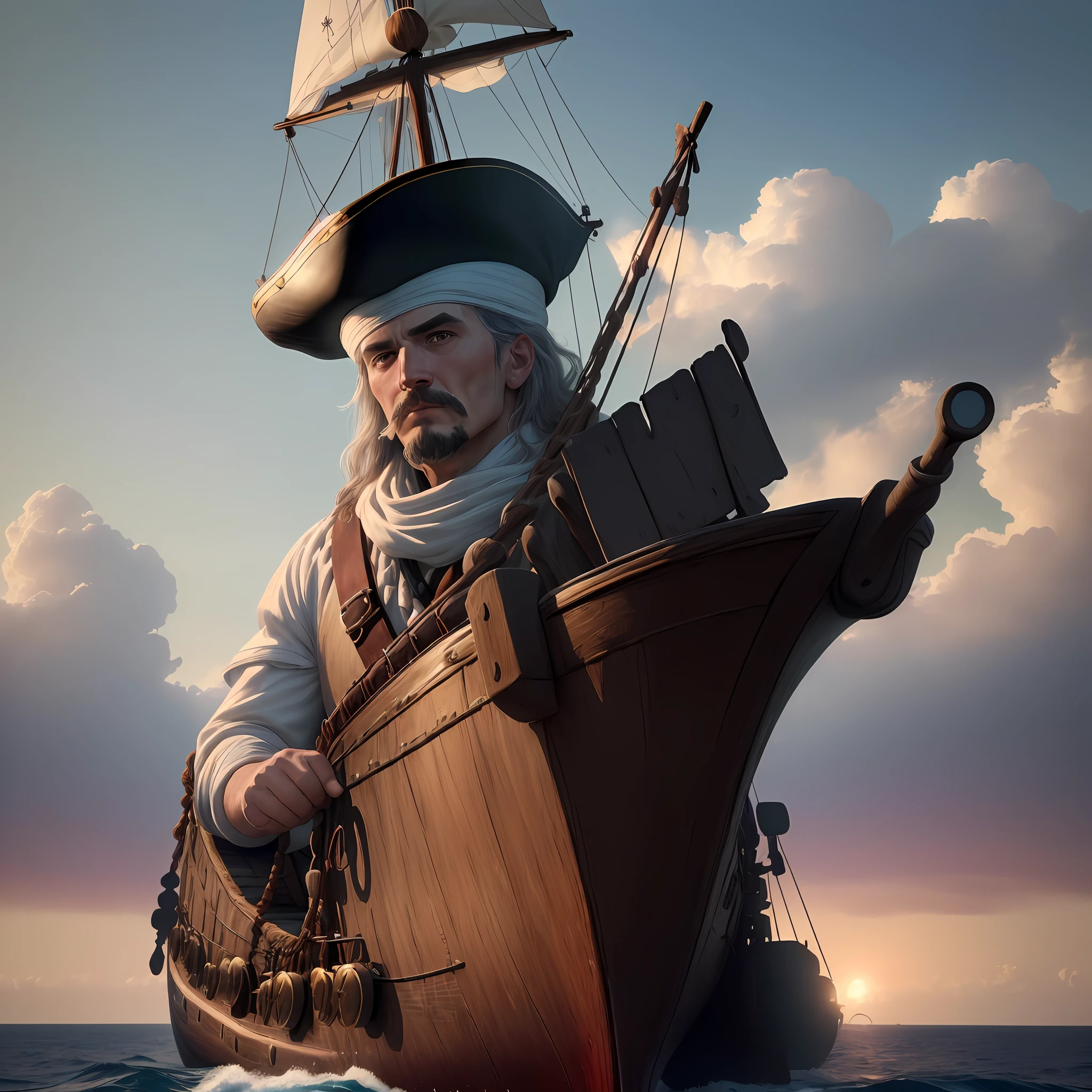 (((8k, RAW photo, best quality, masterpiece: 1.4))), ultra high resolution, Captain Jack, standing at the bow, the Black Pearl