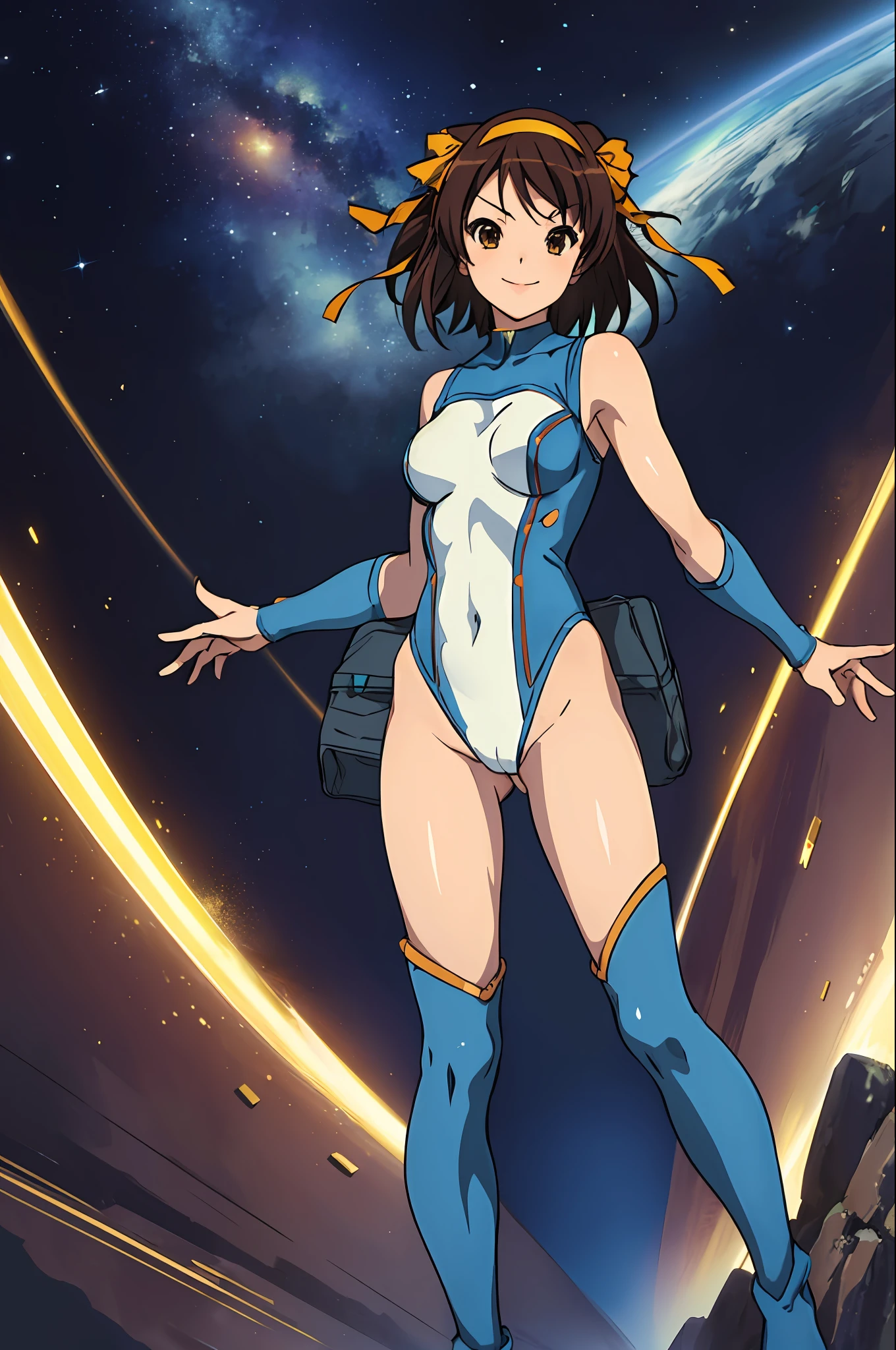 ((masterpiece)), best quality, highres, 1girl, solo, superhero, leotard, blue and white leotard, bare legs, brown hair, short hair, brown eyes, hairband, medium hair, ribbon, boots, matching boots, blue boots, medium breasts, cowboy shot, smile, space backdrop, haruhi suzumiya, kyoani haruhi style, sleeveless, hands on hip, looking at viewer, light particles, glowing,
