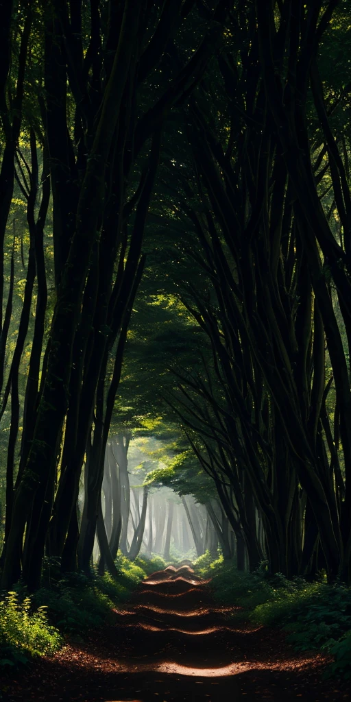 woods, sunny, monochrome, vines everywhere, huge and damp trees, masterpiece, best quality, high quality, very detailed CG uniform 8k wallpaper, oil painting, award-winning photography, bokeh, depth of field, HDR, bloom, chromatic aberration, realism, very detailed, trends on artstation, trends on CGsociety, intricacies, high detail, drama, midjourney art, volumetric lighting, tall trees, each trunk has a diameter of one or two meters, Slender asphalt roads, attached mountains, taiga, huge bottomless pits, the sun pass faintly shone through the leaves to the ground,
